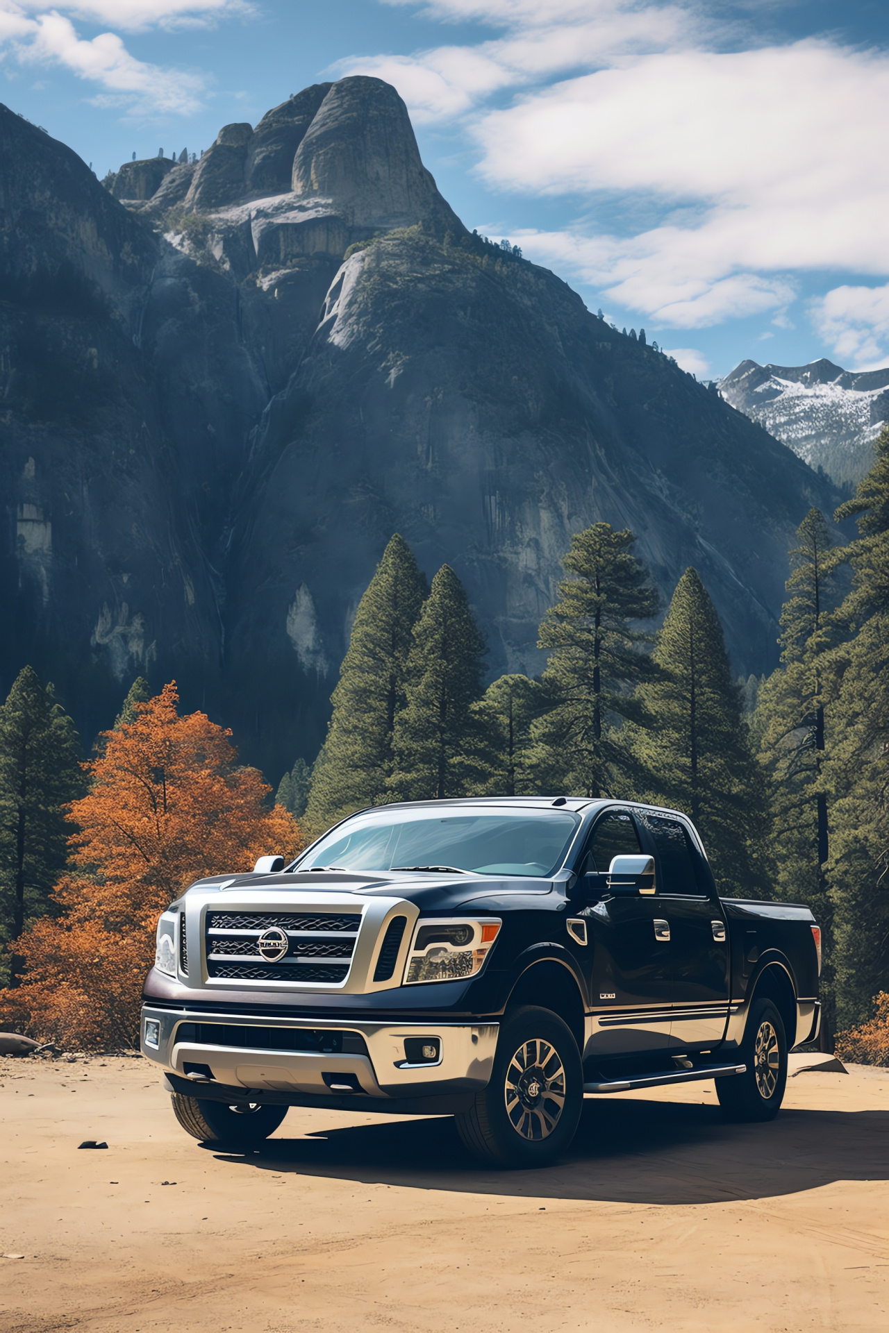 Nissan emblem, Yosemite scenery, Rugged truck adventure, Natural rock formations, American National Park, HD Phone Wallpaper