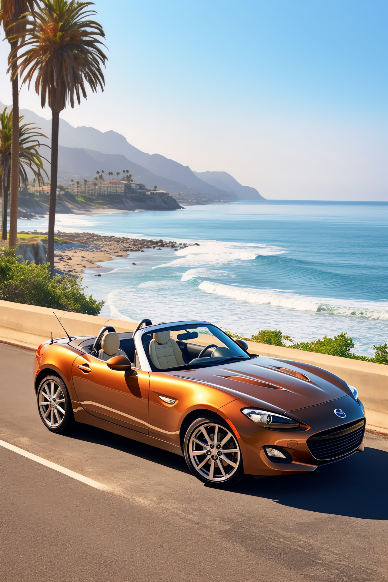 Mazda RX8 convertible, Seaside route view, Horizontal car angle, Sparkling marine backdrop, Open-top vehicle enjoyment, HD Phone Image