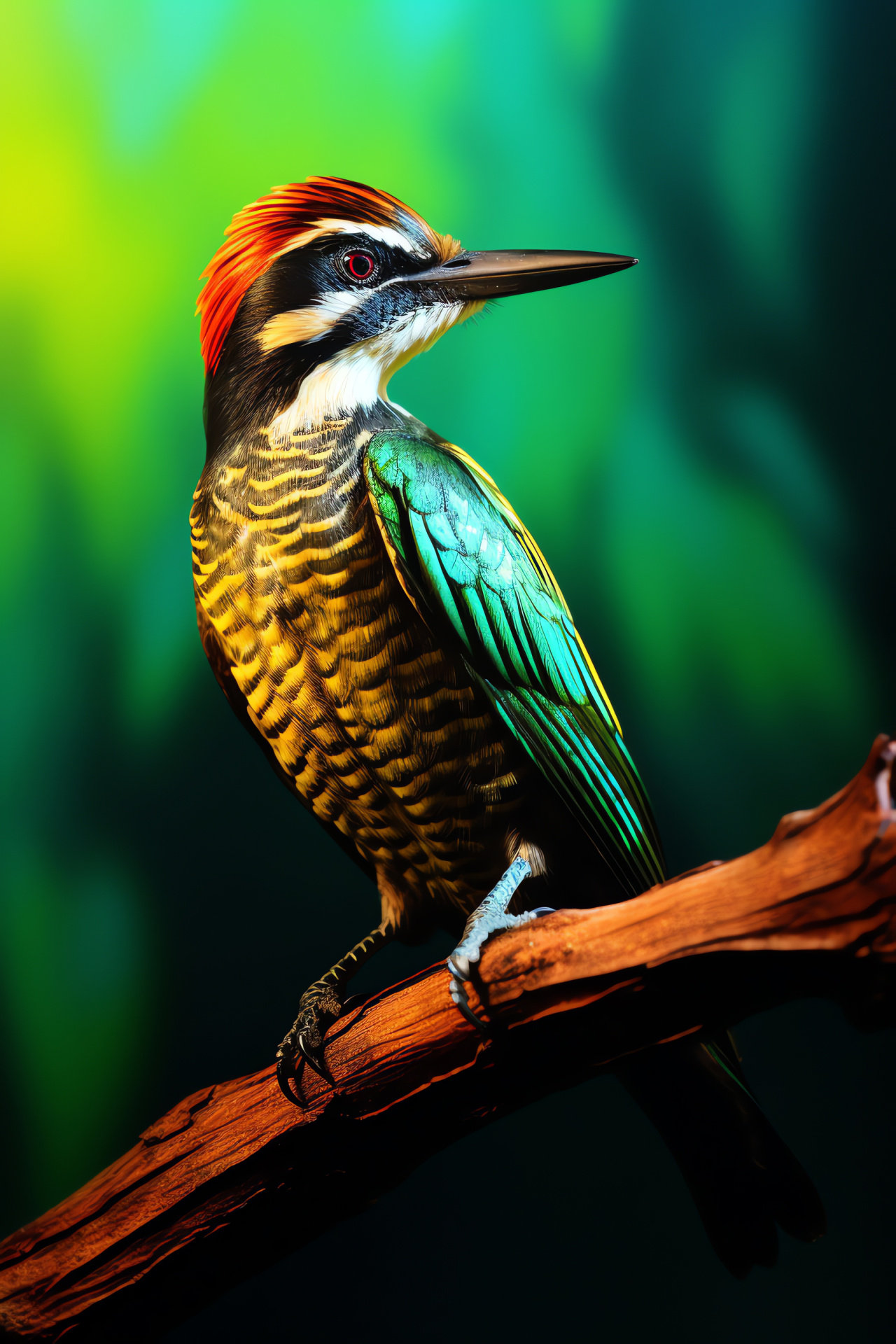 Green plumage woodpecker, Tree habitat, Avian beauty, Environmental decor, Colorful bird, HD Phone Image