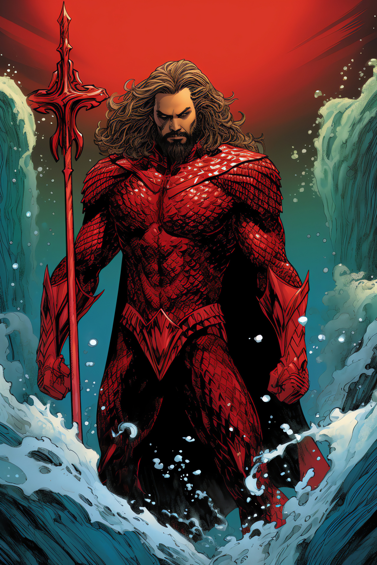 Superhero comic portrait, Aquaman's rival, Triton-bearing figure, crimson aura, DC villain depiction, HD Phone Image