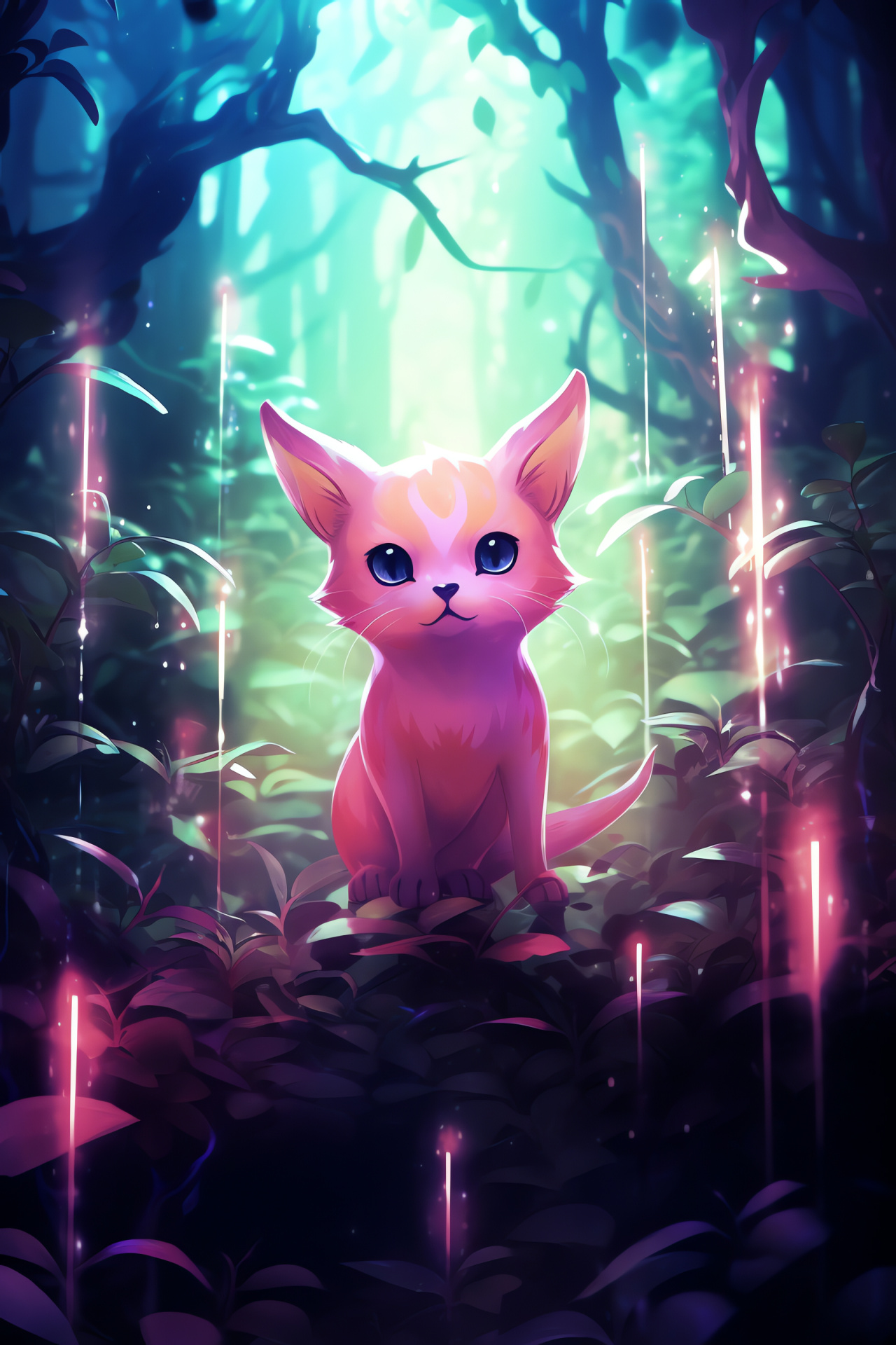 Ancient guardian Mew, Pokemon magical being, Levitating creature, Enchanted woodland, Soft illumination, HD Phone Wallpaper