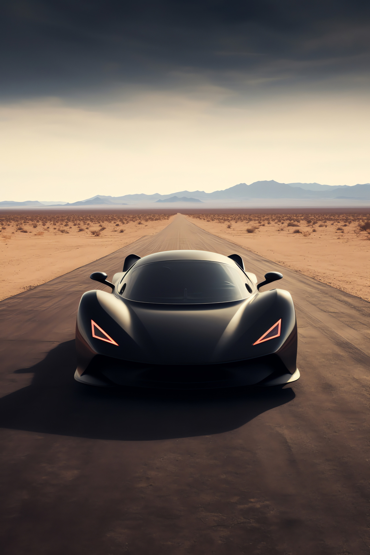 SSC Tuatara hypercar, Exotic desert locale, Aerial vehicle capture, Aero-dynamic structure, Ebony exteriors, HD Phone Image