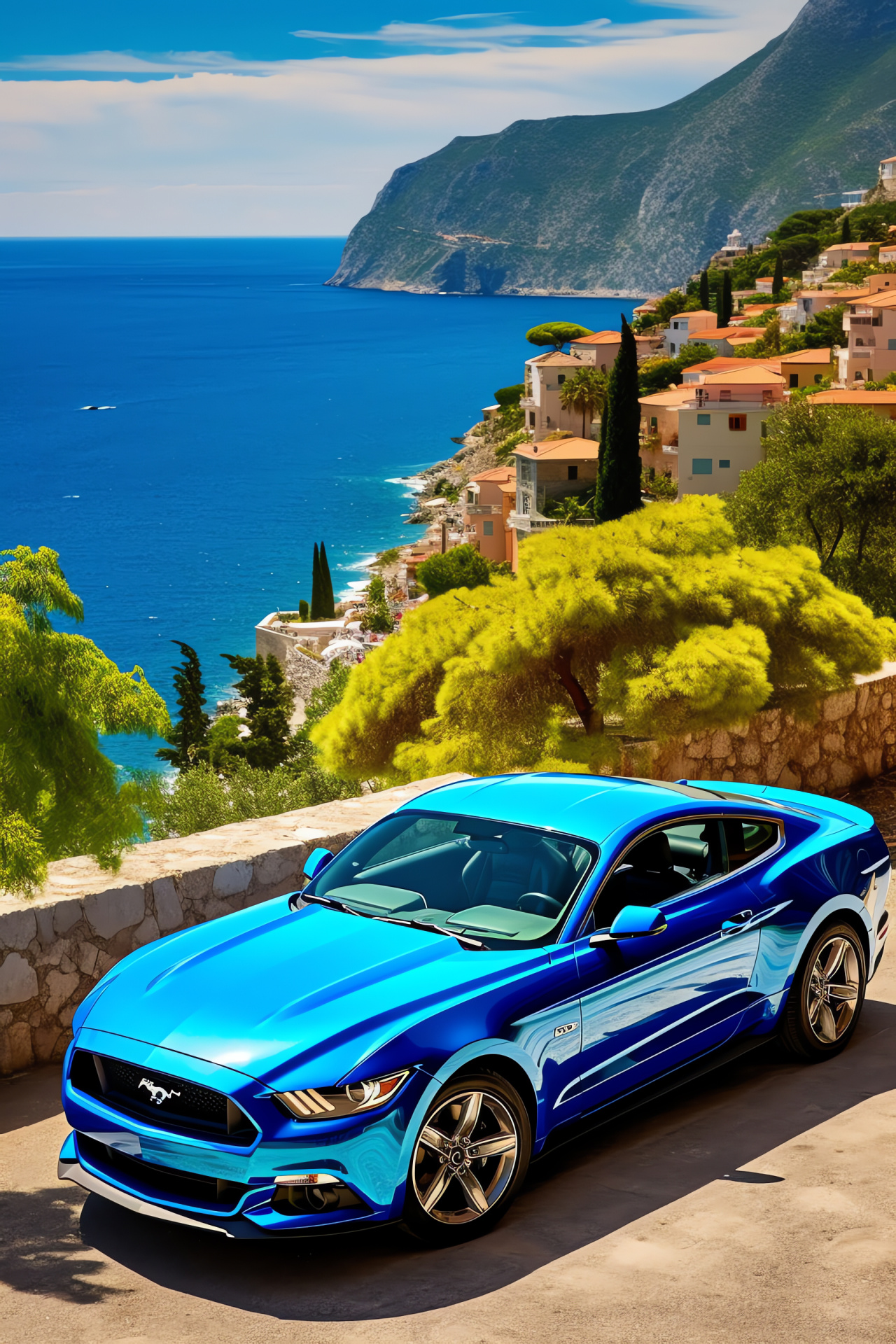 Mustang HD, Amalfi Coast vistas, Seaside routes, Mediterranean waters, Quaint coastal clusters, HD Phone Image