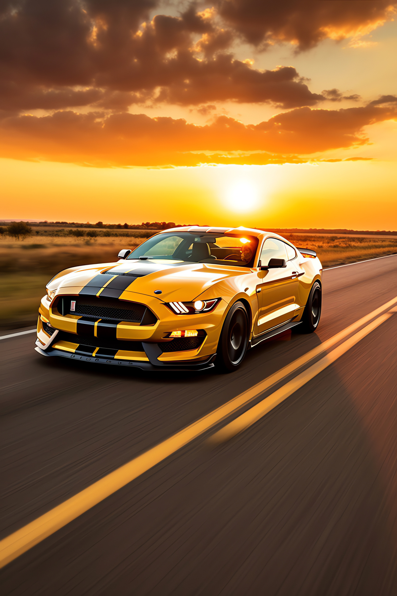 Mustang GT350 drives, Texas scenic route, Open asphalt journey, Sundown golden hour, Glossy car finish, HD Phone Wallpaper