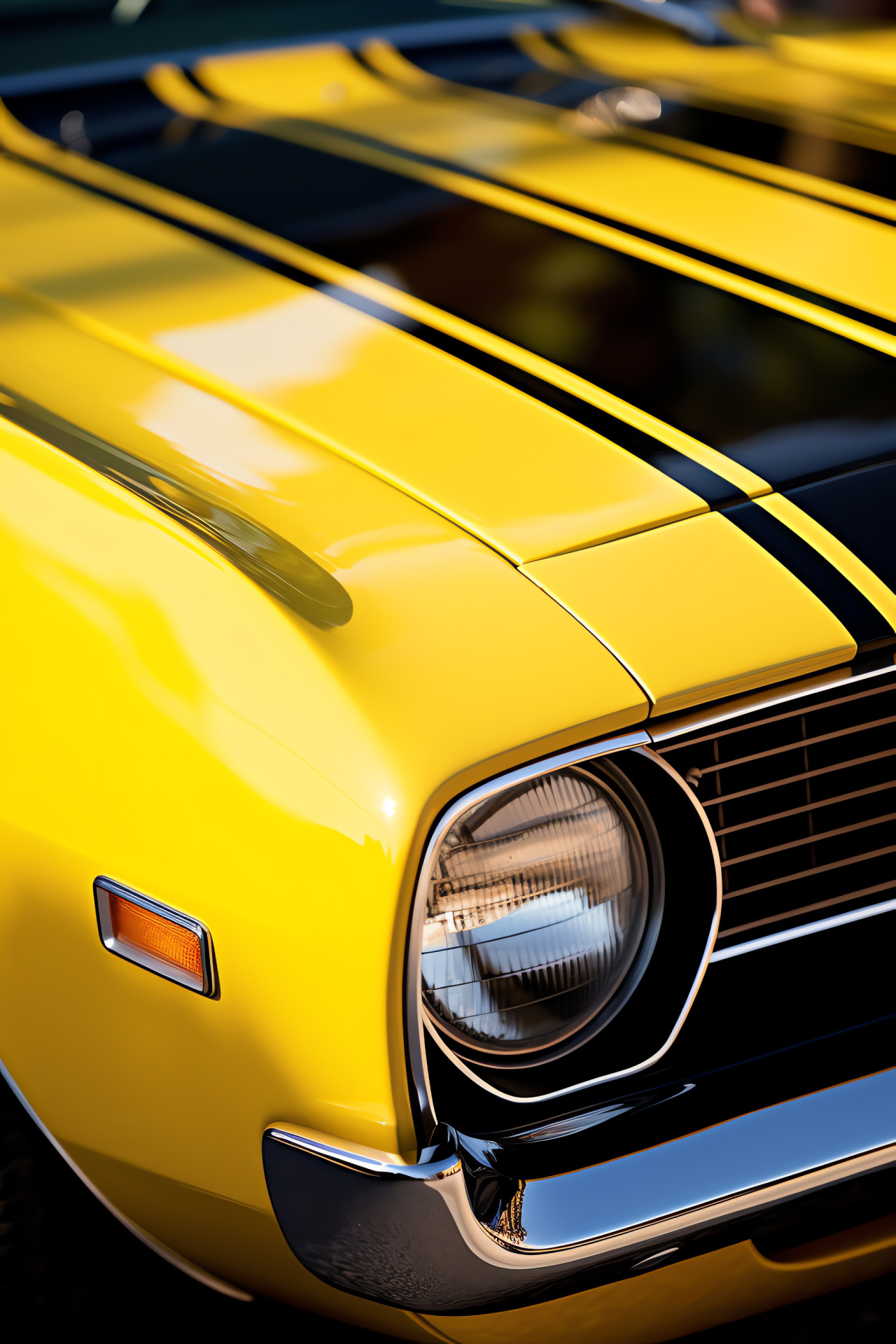 Plymouth Barracuda, SoCal environs, sunlit hue, shadow stripes, front-split feature, HD Phone Wallpaper