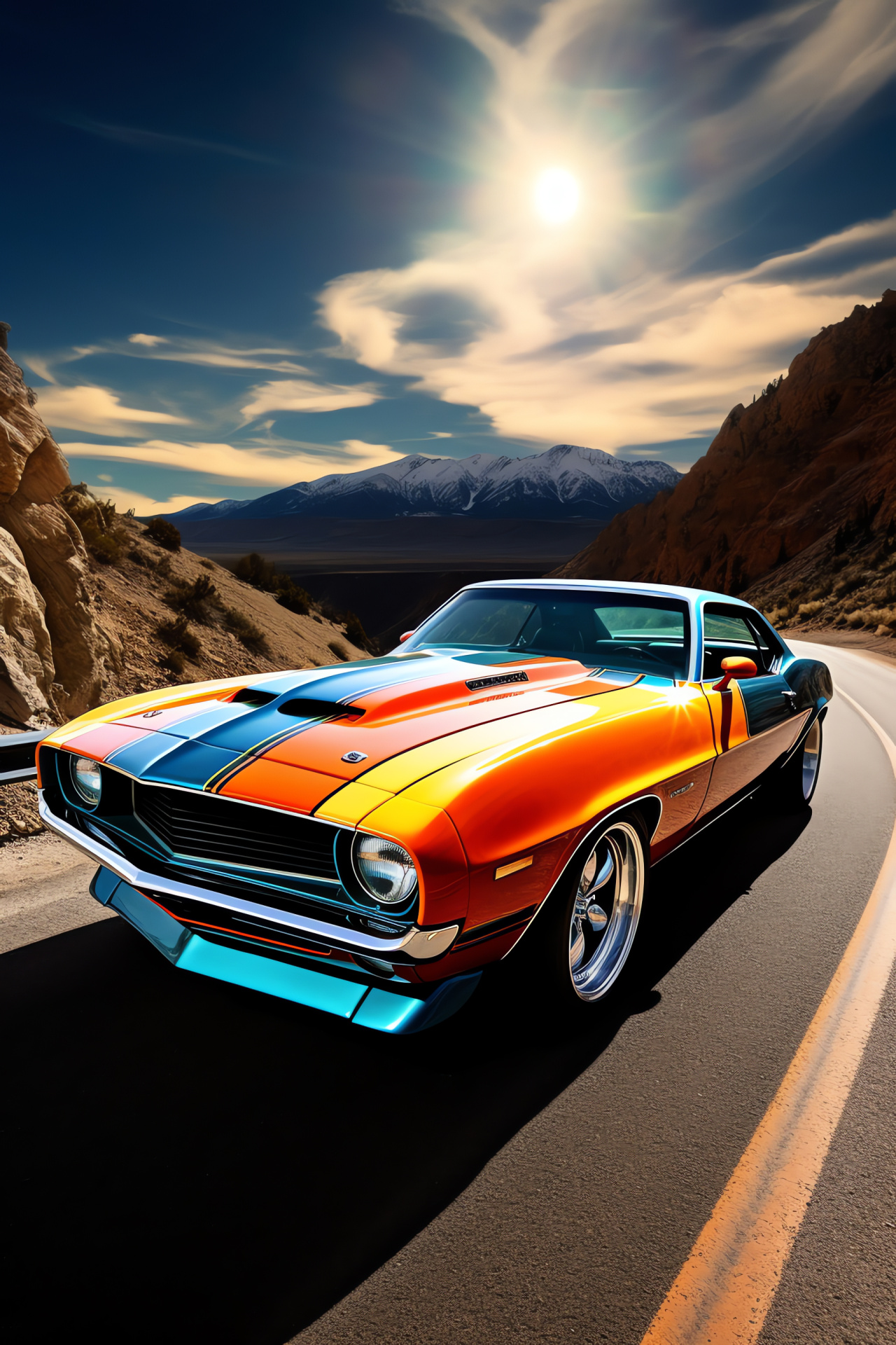 Captivating muscle car, mountain road journey, dynamic vehicle curvature, tri-tone paint luster, auto design, HD Phone Image