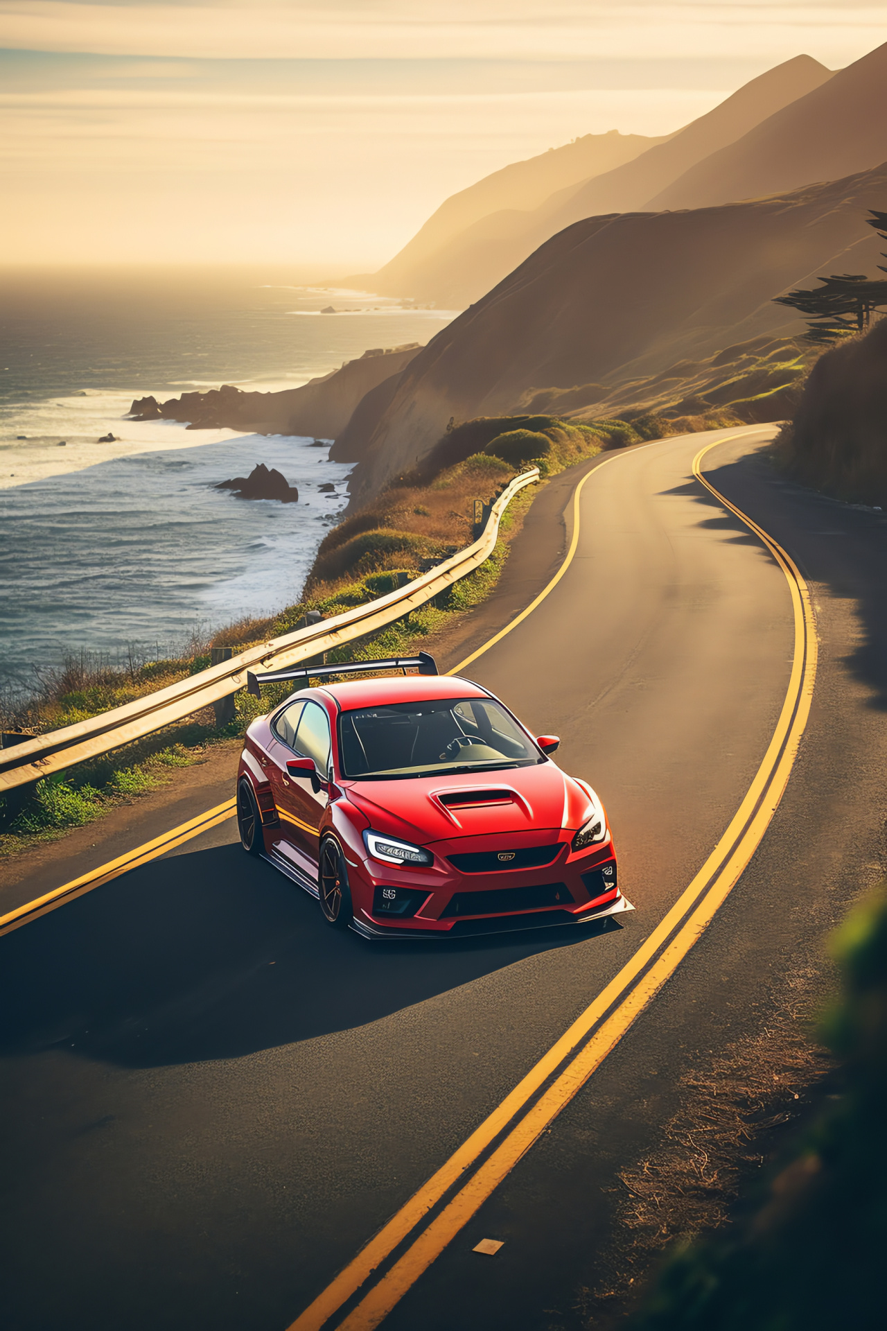 Rocket Bunny Subaru WRX STI, California roads, Sweep of roadway bends, Skyward automotive photo, Performance car showcase, HD Phone Wallpaper