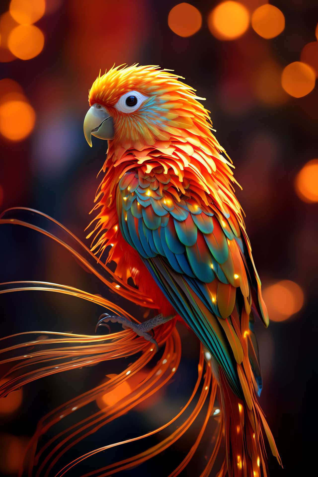 Parakeet vibrancy, sunset plume, glossy perch, radiant twirls, ornamental environment, HD Phone Image