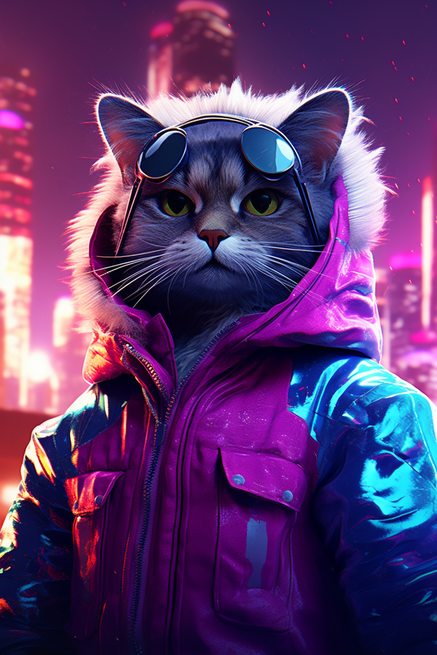 Galactic Feline, neon-pink eye hue, vibrant purple coat, space-age city skyline, holographic tech scenery, HD Phone Wallpaper