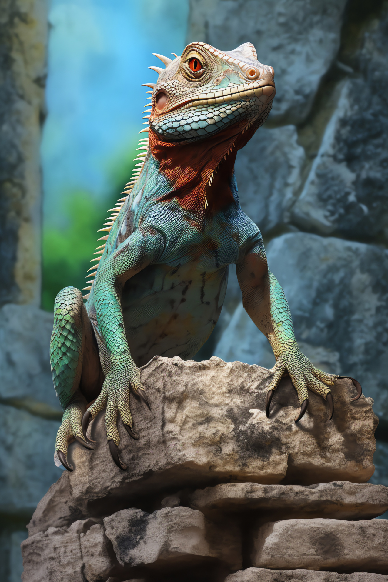 Basilisk lizard, Reptile perch, Vivid scales, Lively creature, Enigmatic gaze, HD Phone Image