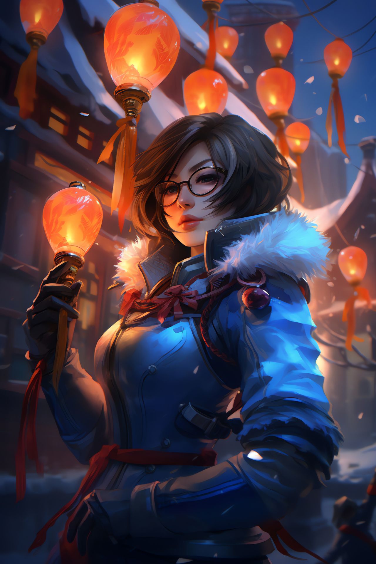 Overwatch Mei, Lijiang Tower locale, self-encasement tactic, festive byway, traditional lanterns, HD Phone Wallpaper