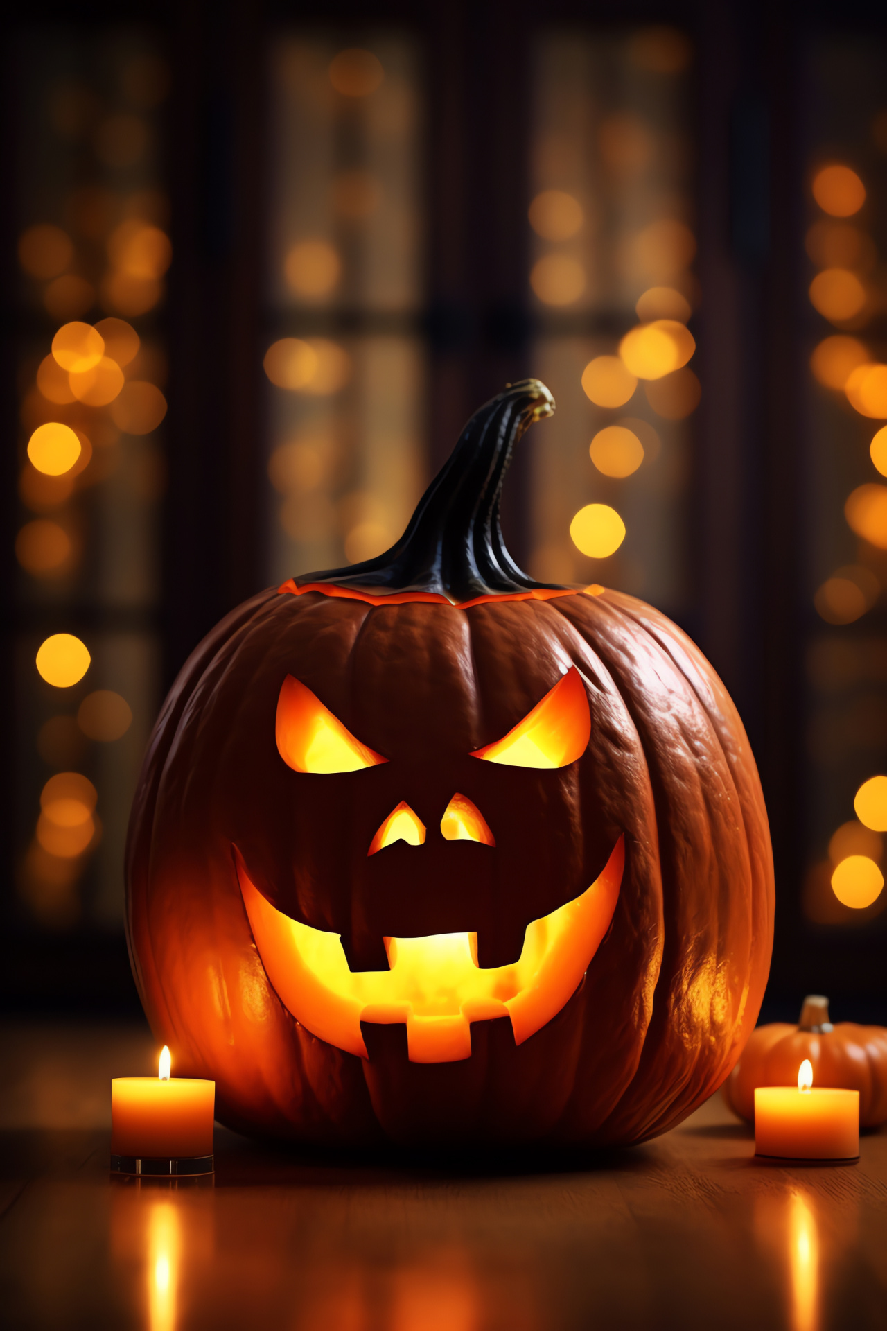 Halloween festivity, Traditional jack-o'-lantern, Spooky candlelight, Sinister carved decor, Ghostly atmosphere, HD Phone Image