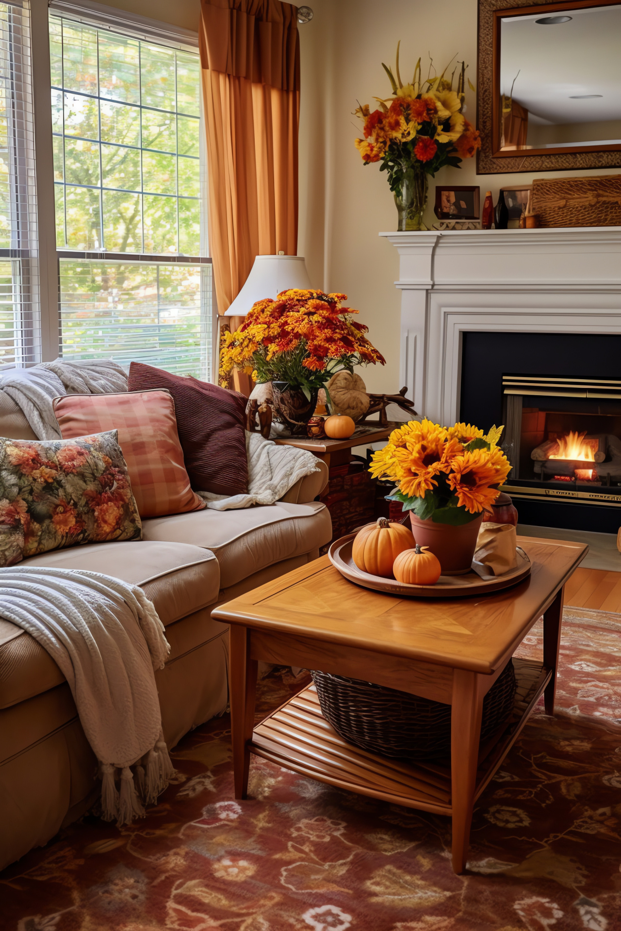 Family gathering space, Homely design, Fireside evenings, Decorative gourds, Plush textures, HD Phone Wallpaper