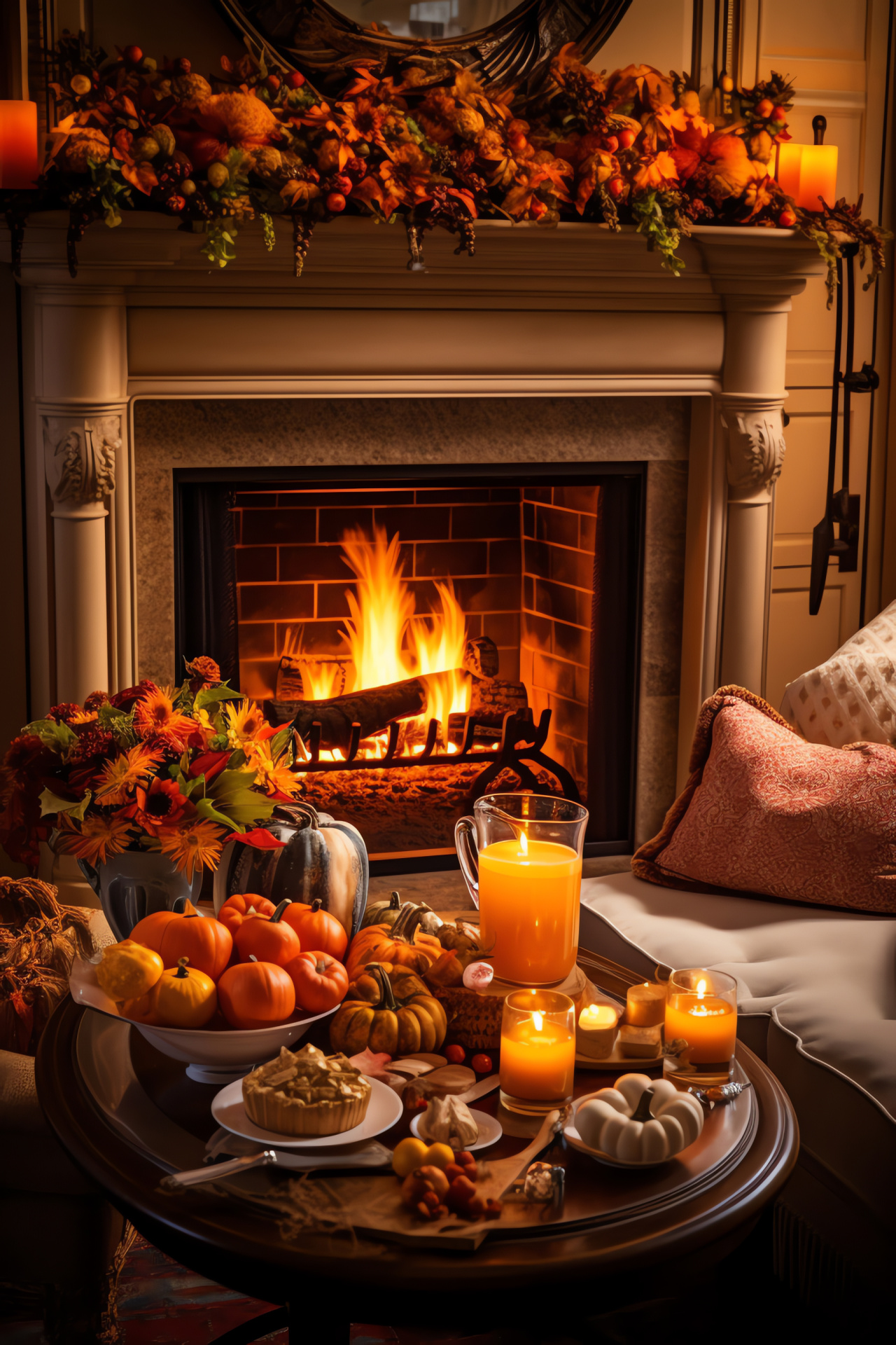 Warm holiday hearth, Thanksgiving interior, Crackling flames comfort, Autumn evening fireside, Home mantelpiece decoration, HD Phone Wallpaper