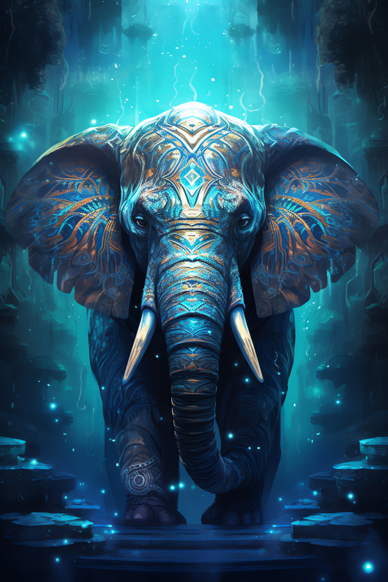 Spiritual Elephant, oceanic hue, metallic sheen, azure ambience, silver tints, HD Phone Image