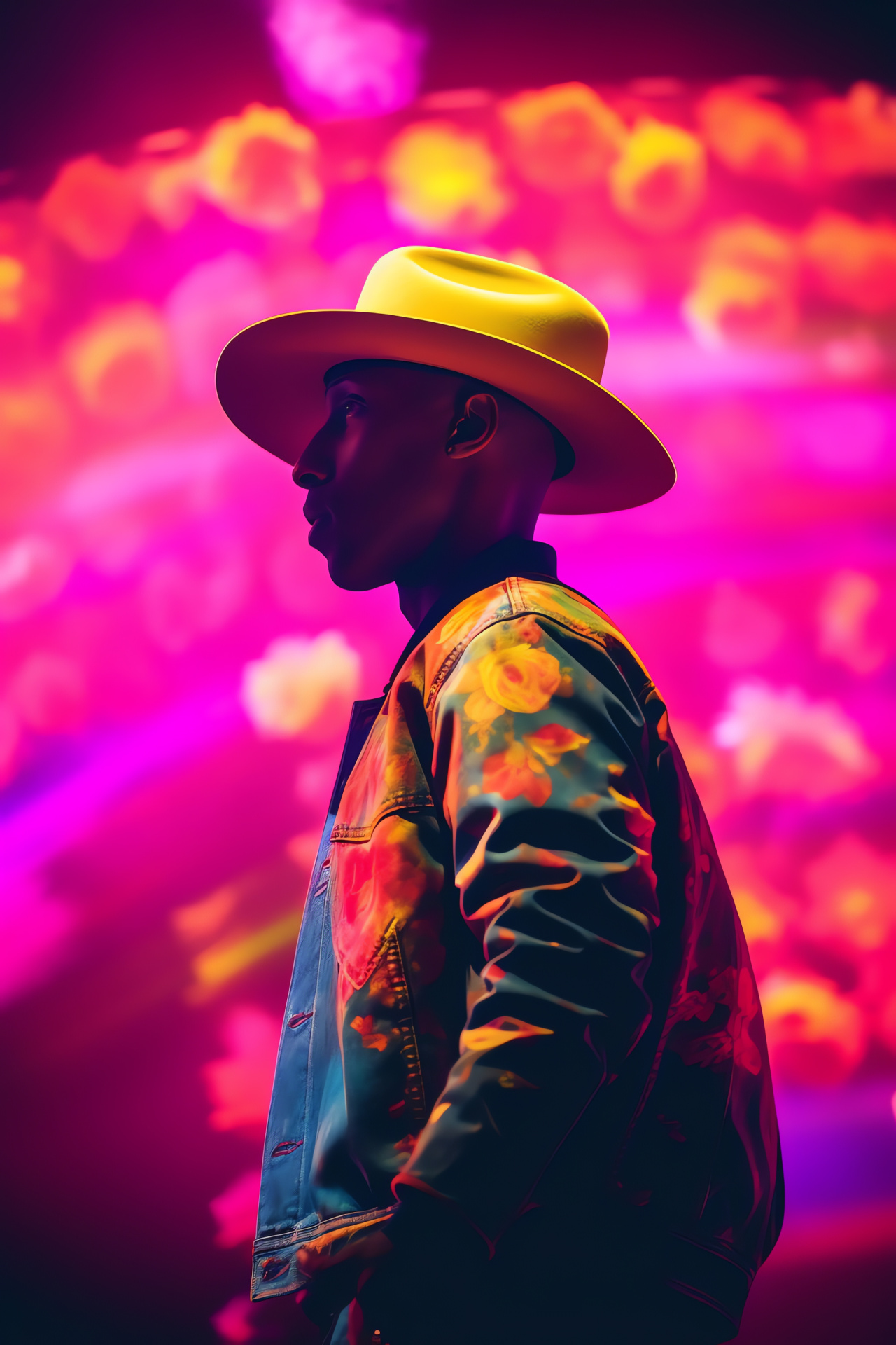 Pharrell, Music creator, Stage performance, Singing talent, Neon spectacle, HD Phone Image