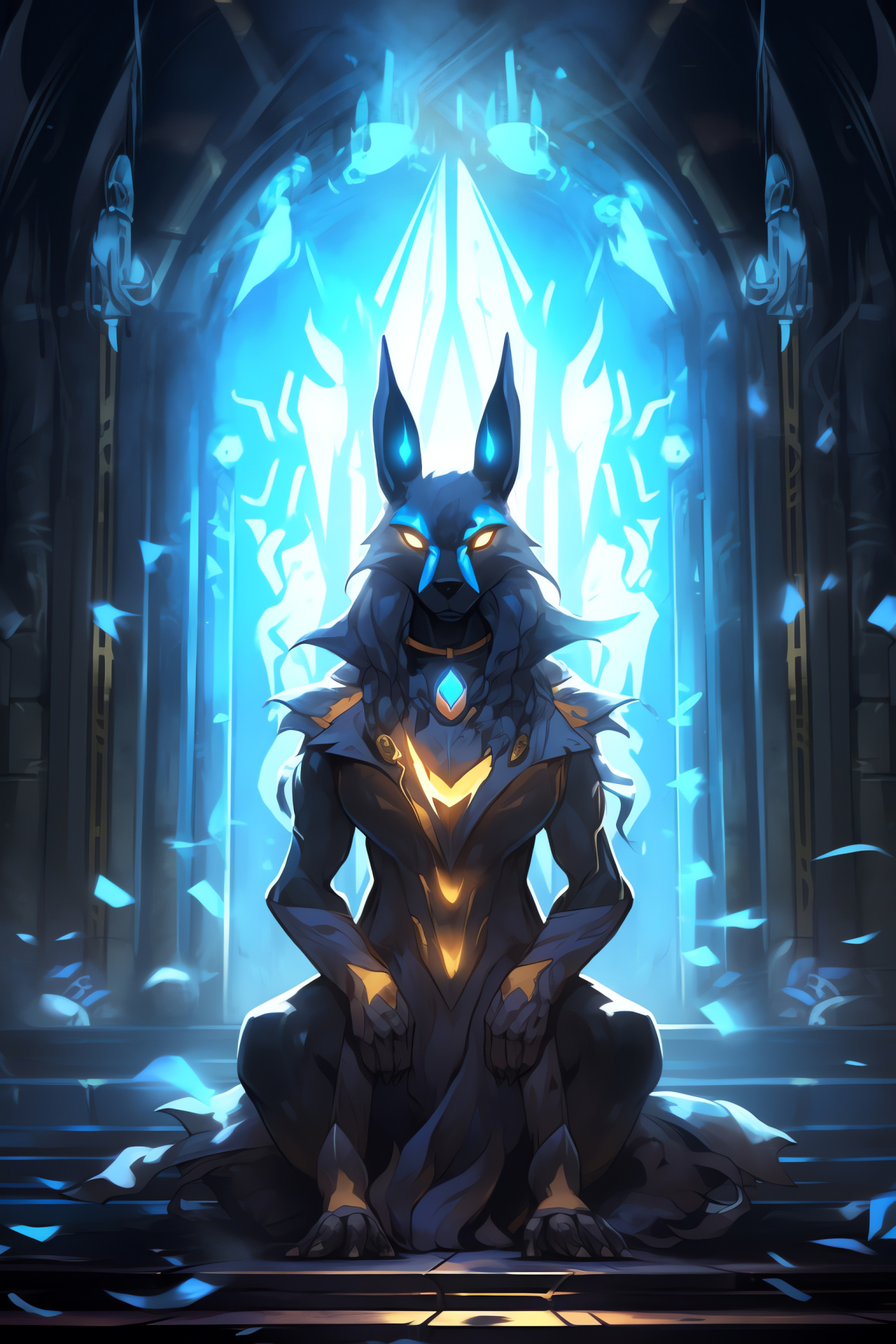 Guardian Lucario, Mystical setting, Silvery moon glow, Mythical guardian, Watchful stance, HD Phone Image