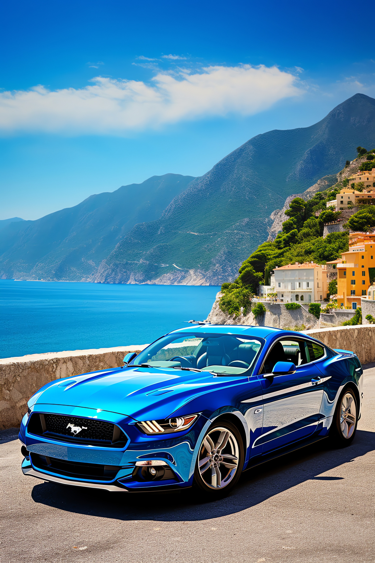 Mustang HD along Amalfi Coast, Serpentine coastal travel, Turquoise Mediterranean context, Picturesque coastal villages, Seaside driving delight, HD Phone Image