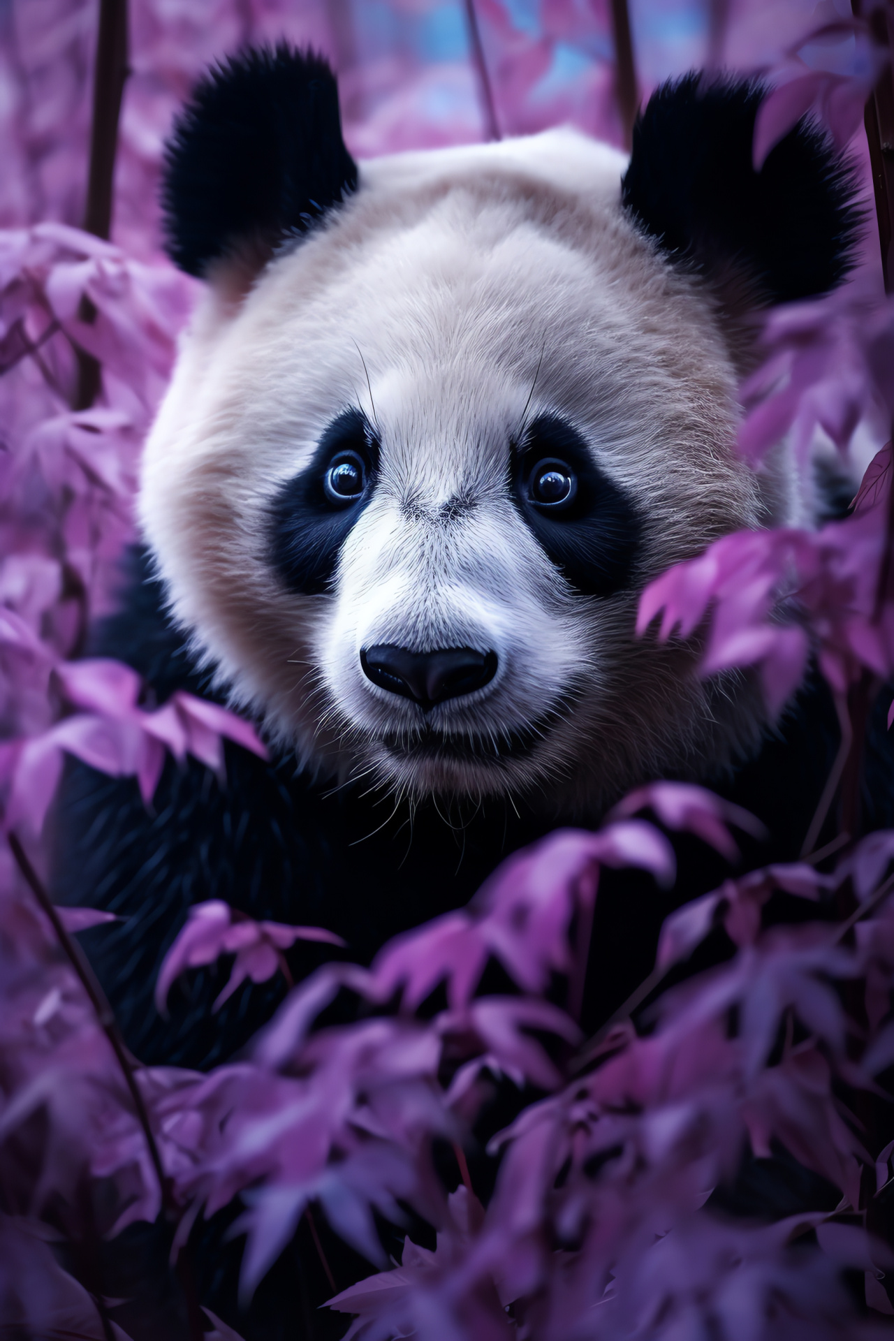 Giant panda species, Aquamarine optics, Ebony and magenta pelage, Lush bamboo habitat, Autonomous roaming, HD Phone Wallpaper