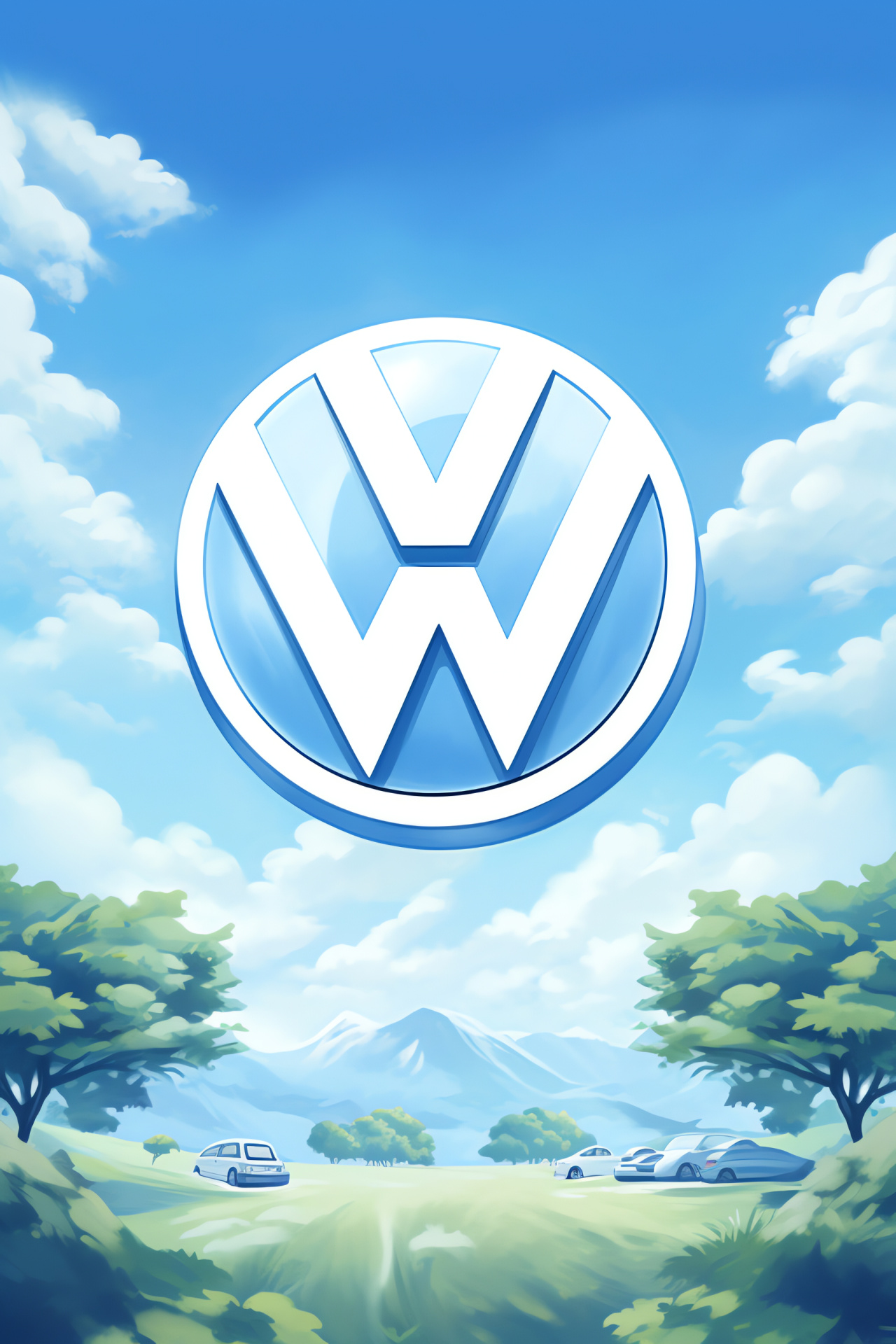 Volkswagen emblem, shoreline setting, automobile branding, European design, aerial perspective, HD Phone Image