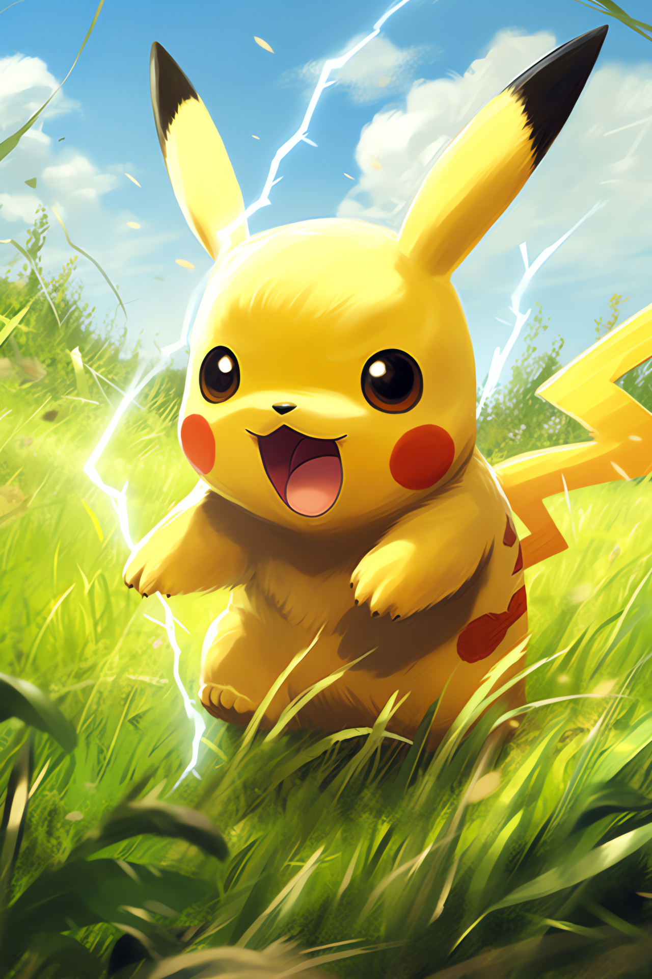 Pikachu battle moment, High-voltage Thunderbolt move, In-game grassland biome, Rugged virtual landscape, Pokmon action sequence, HD Phone Wallpaper