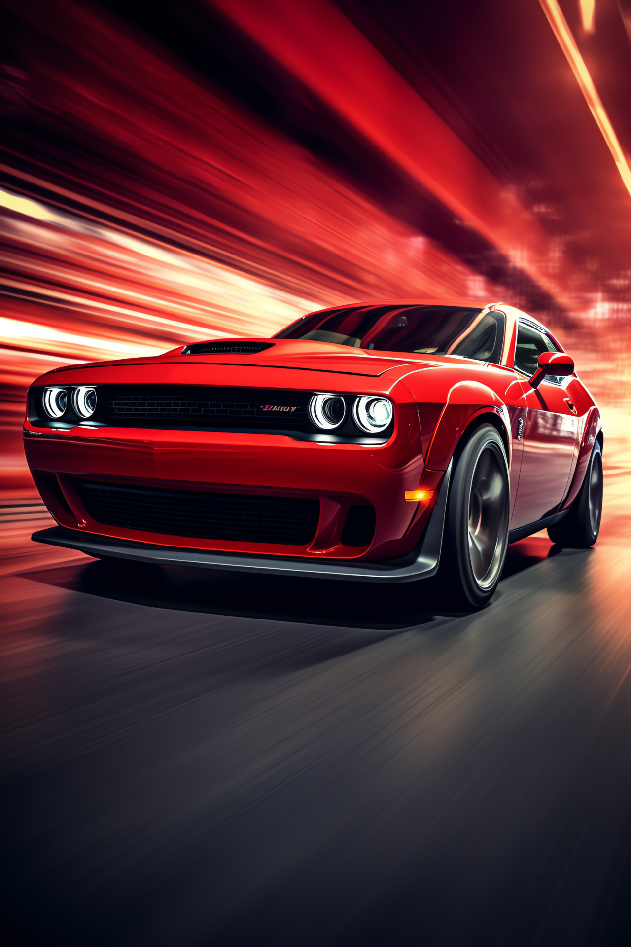 Dodge Challenger SRT Hellcat, American muscle, High-power profile, Monochromatic scene, Sports car red, HD Phone Wallpaper