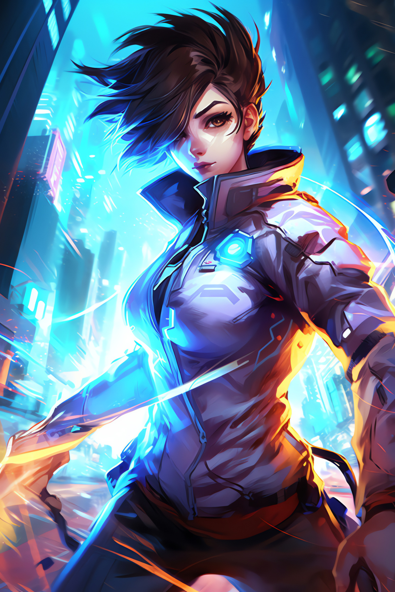 Overwatch rapid Tracer, City horizon, Electrifying speed, Gaming enterprise, Neon illumination, HD Phone Image