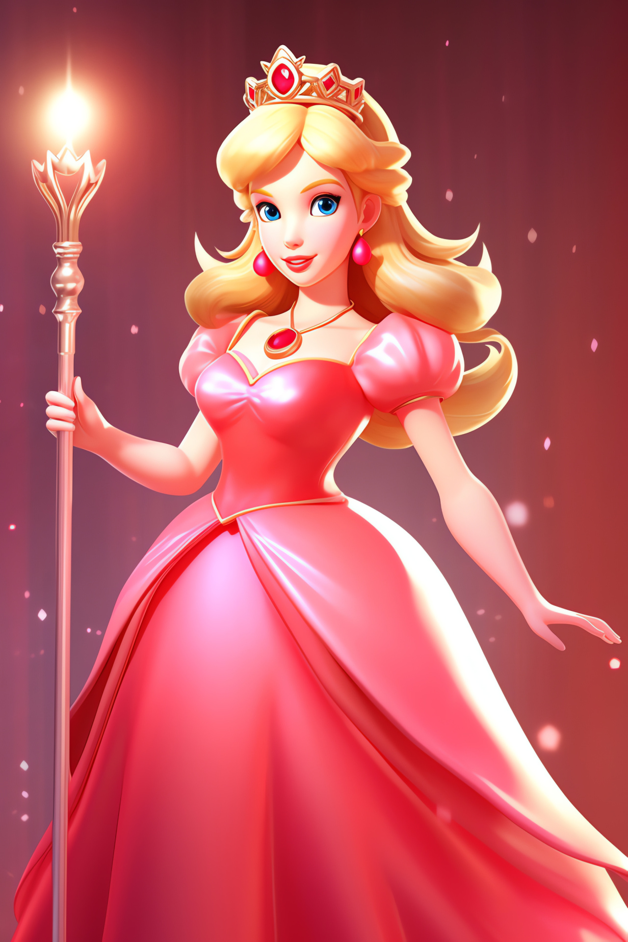 Princess Peach royalty, piercing green optics, sovereign demeanor, imperial baton, vermillion background, HD Phone Wallpaper