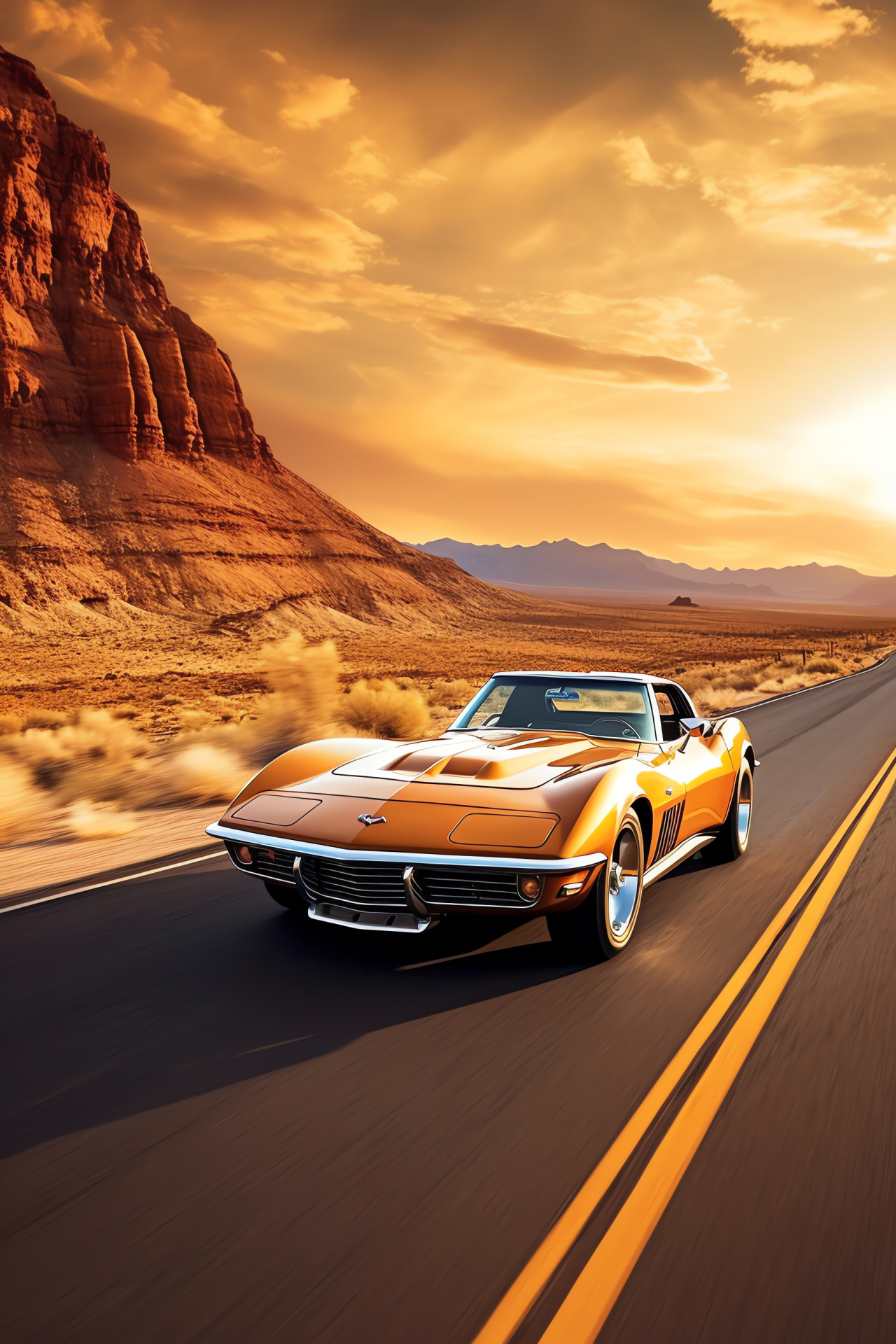 Chevrolet Corvette Stingray, Iconic US highway, Desert landscape, American sports car heritage, HD Phone Image