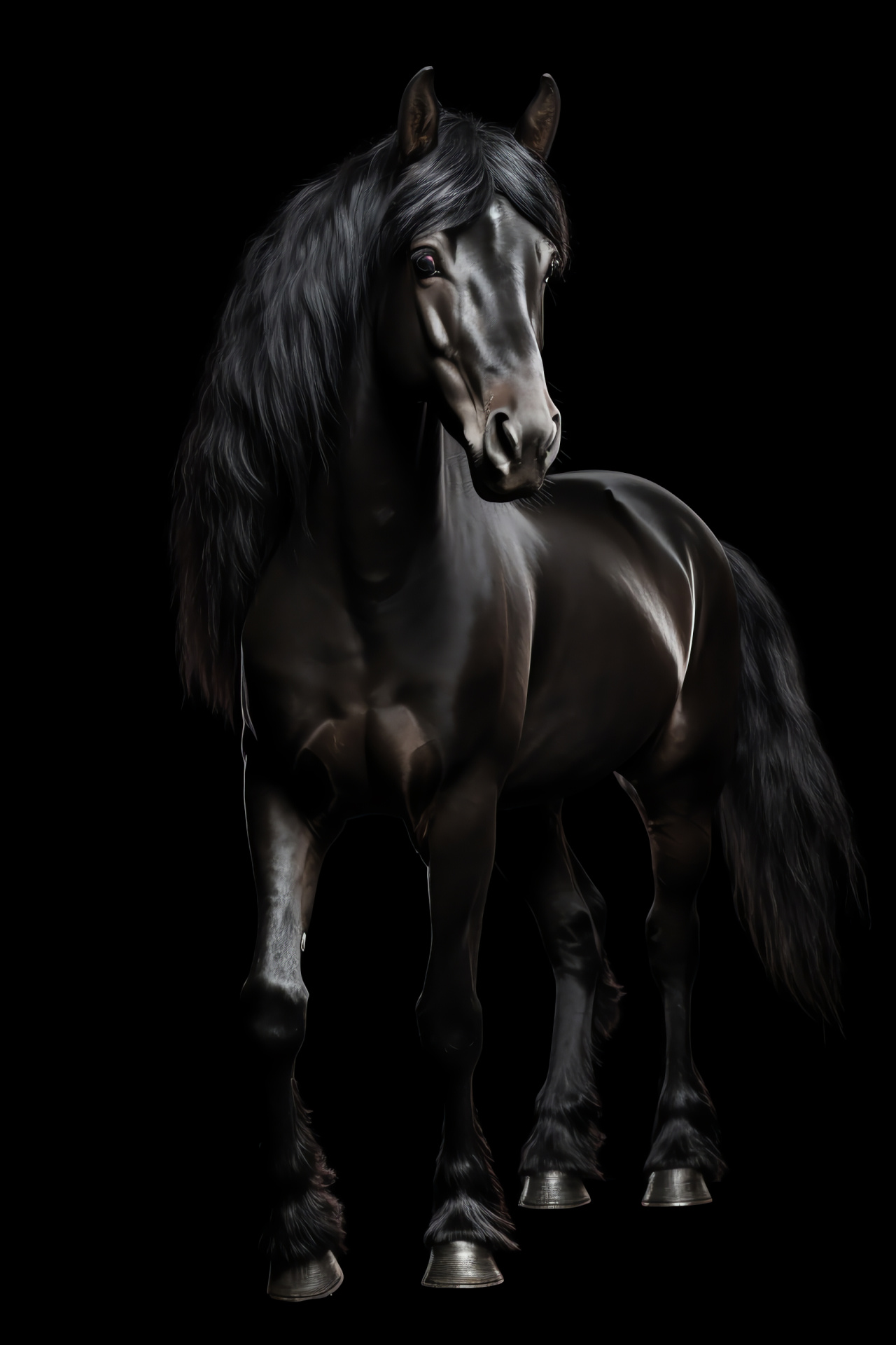 Sleek equine, Shiny black pony, Horse photography, Glossy equine coat, Pure black environment, HD Phone Image