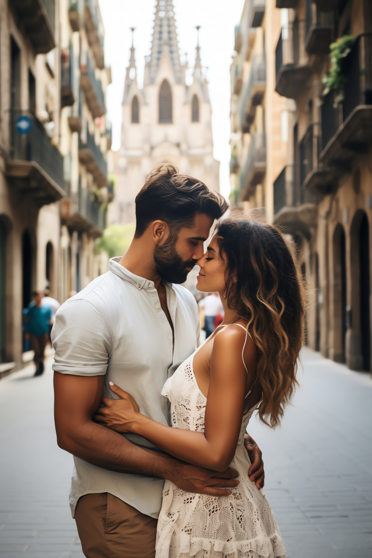 Barcelonan couple's journey, anniversary in Catalan district, Sagrada Familia silhouette, Gothic Quarter stroll, Spanish romance, HD Phone Image