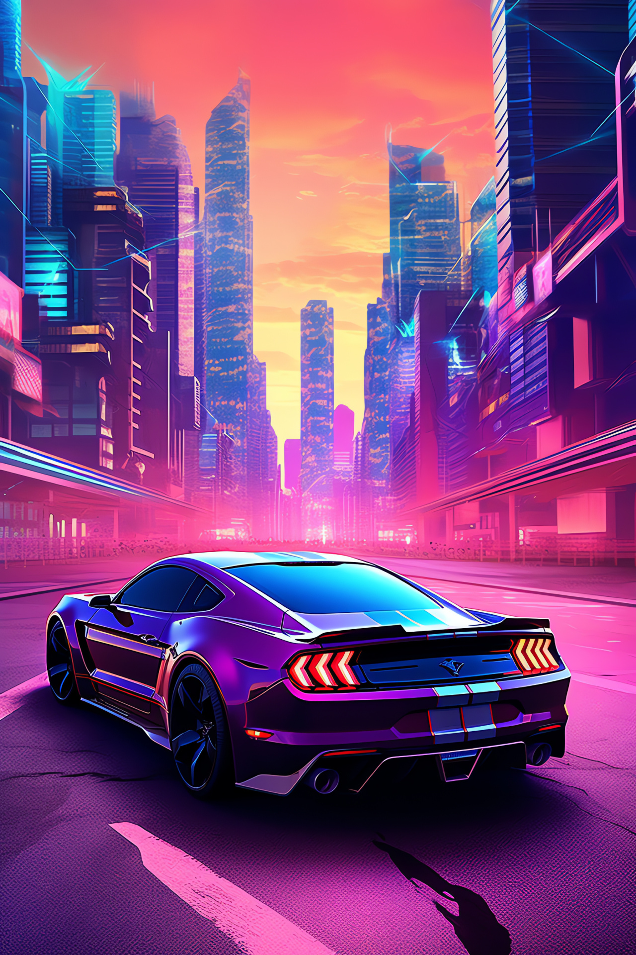 Ford Mustang HD, Panoramic auto capture, Neon cyberdelic Mustang, Futuristic cityscape, Street racing scene, HD Phone Wallpaper