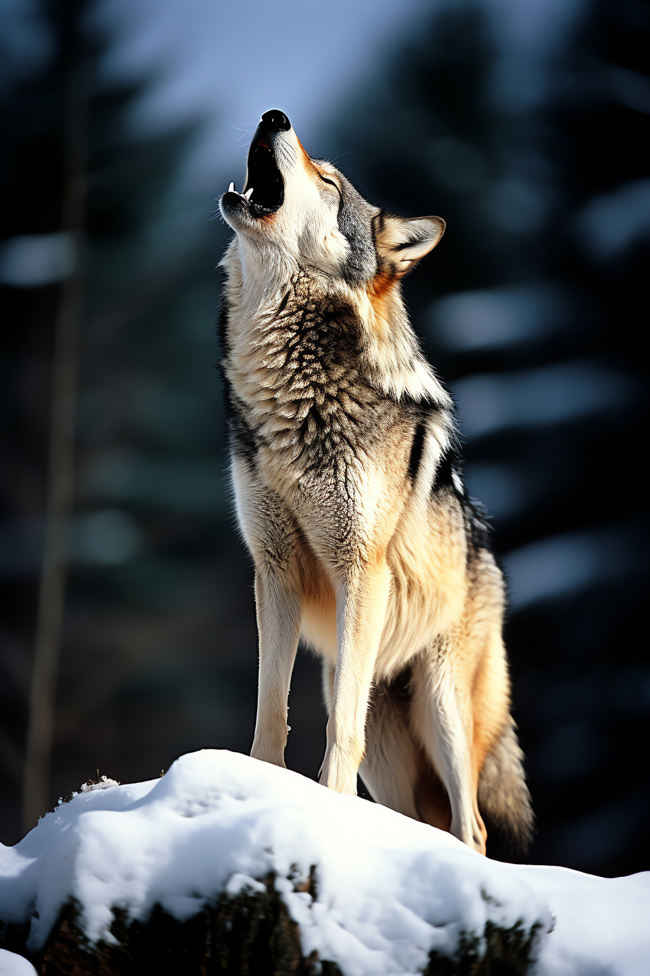 Wolf, vocalizing posture, amber ocular hue, pelage gradients, wooden habitat, HD Phone Wallpaper