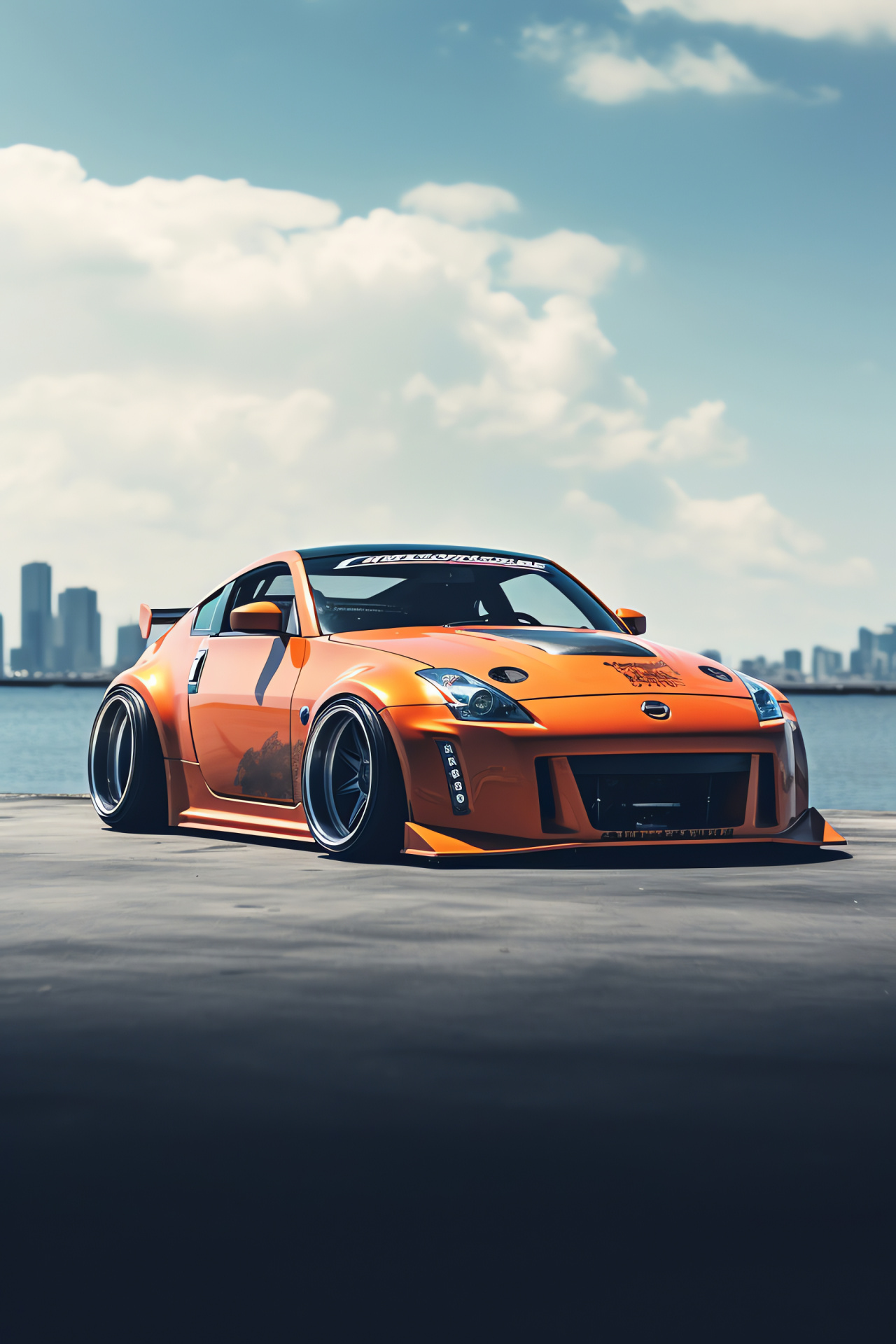 Rocket Bunny Nissan 350Z, Custom body kit, Orange blue contrast, Sports car aesthetic, Automotive styling, HD Phone Wallpaper