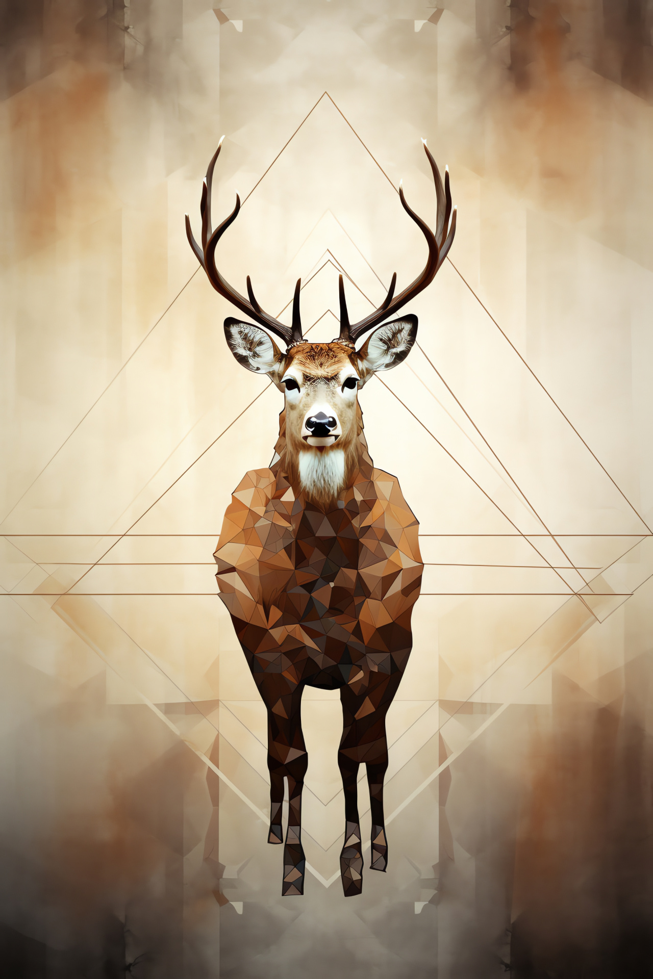 Reindeer, dark brown fur, mature animal, abstract backdrop with geometric patterns, Arctic fauna, HD Phone Wallpaper