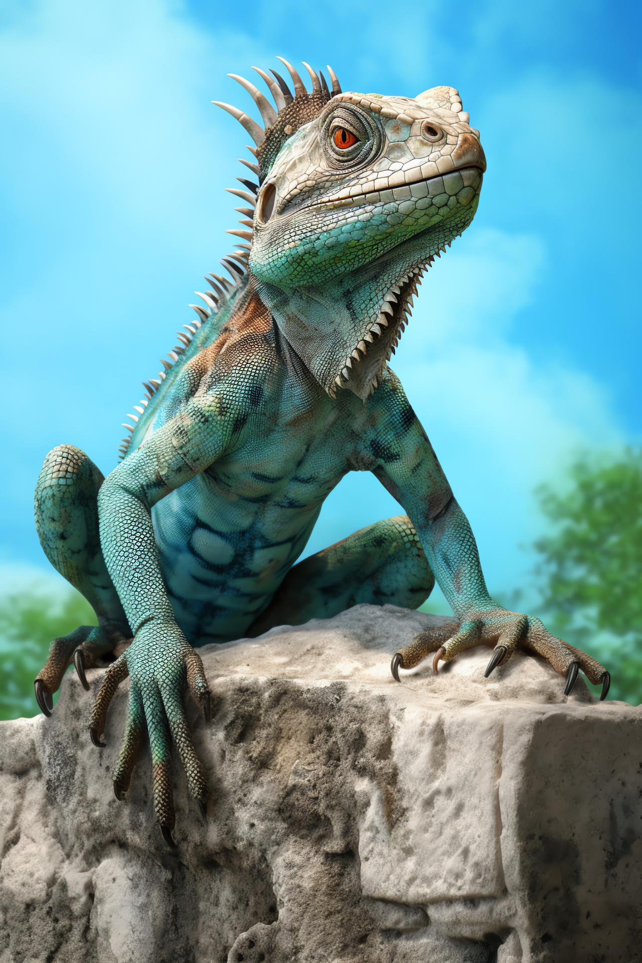 Basilisk lizard, reptile perching, textured stone surface, emerald reptile hues, colorful lizard, HD Phone Image