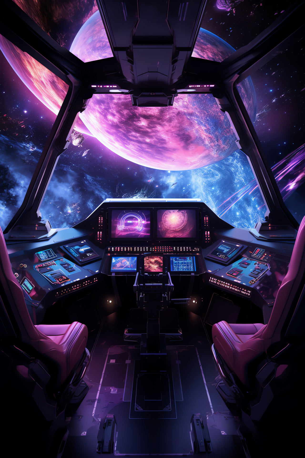 Spaceship cockpit interior, Galactic exploration, Intergalactic travel, Celestial bodies, Deep space journey, HD Phone Image