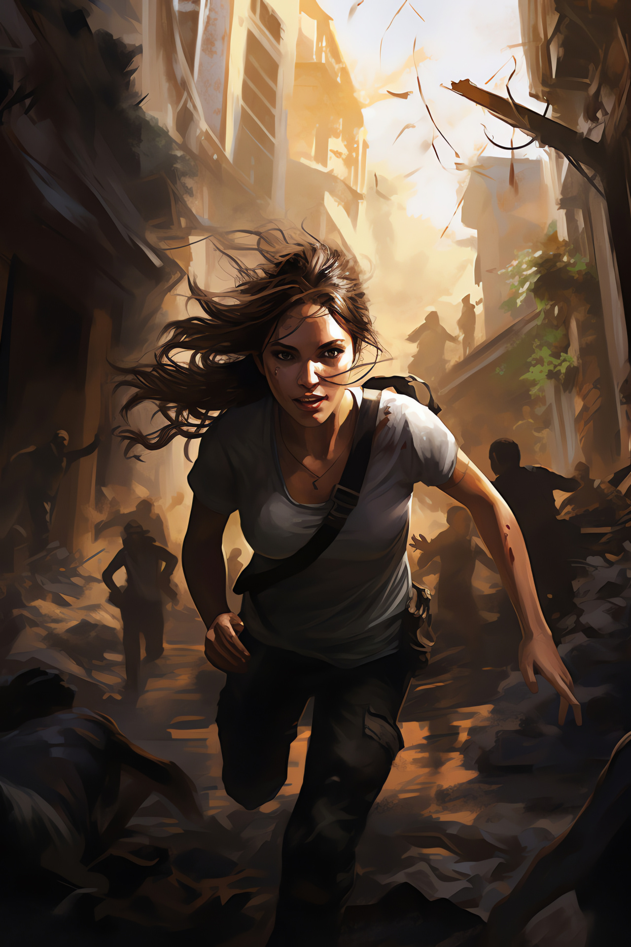 Active Elena Fisher, Urban conflict zone, Rushing pace, Environmental obstacles, Intrepid correspondent, HD Phone Wallpaper