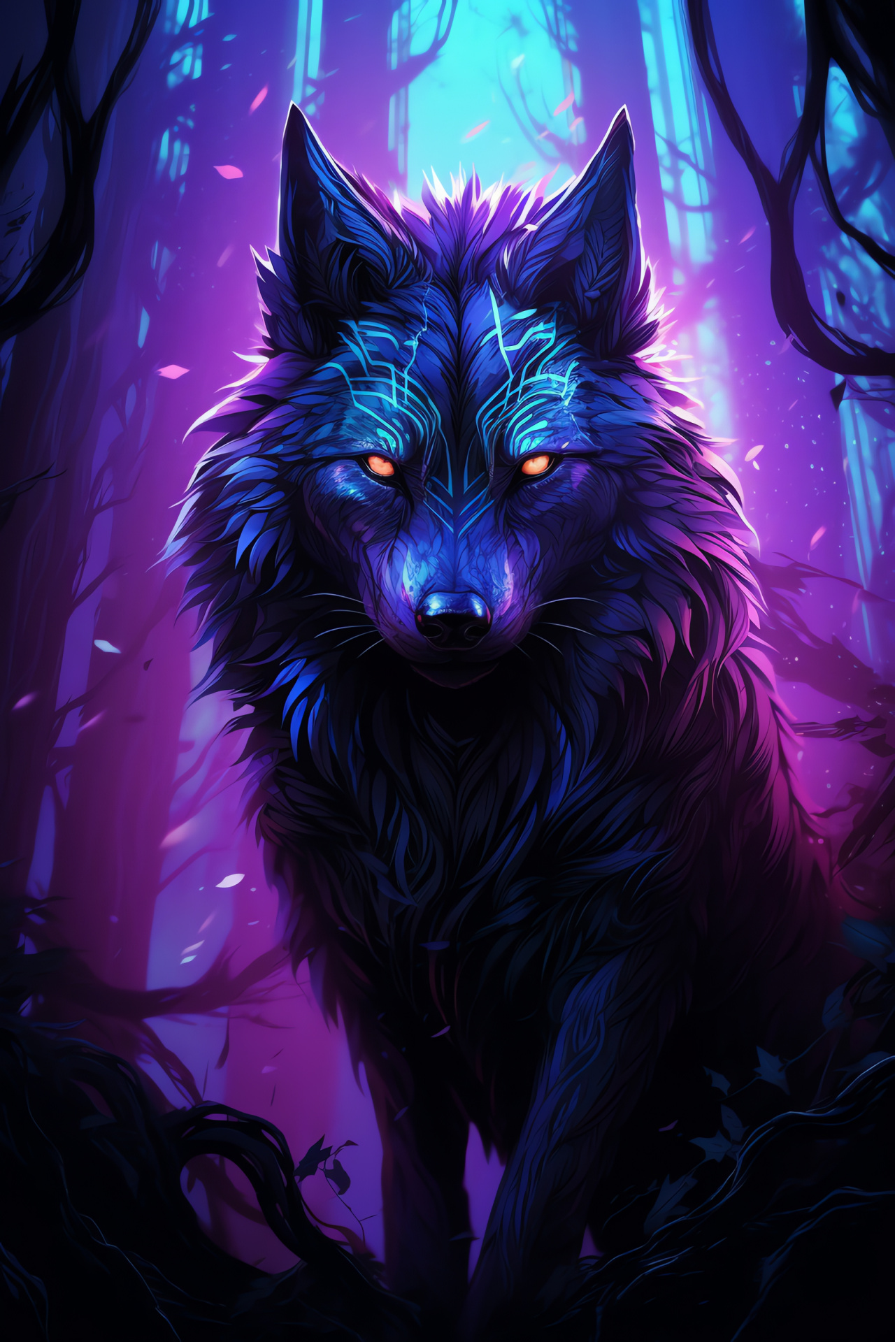 Wolf with purple motif, Amethyst canine gaze, Lupine black-purple fur, Wolf tribal imprints, Canine tribal illustrations, HD Phone Image