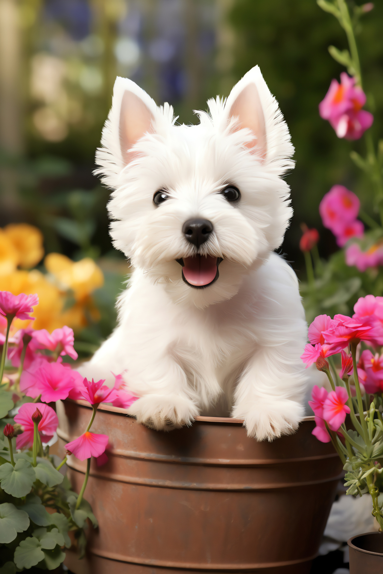 Scottish terrier, Obsidian-eyed canine, Soft-coated pet, Canine among blooms, Terrier breed, HD Phone Image