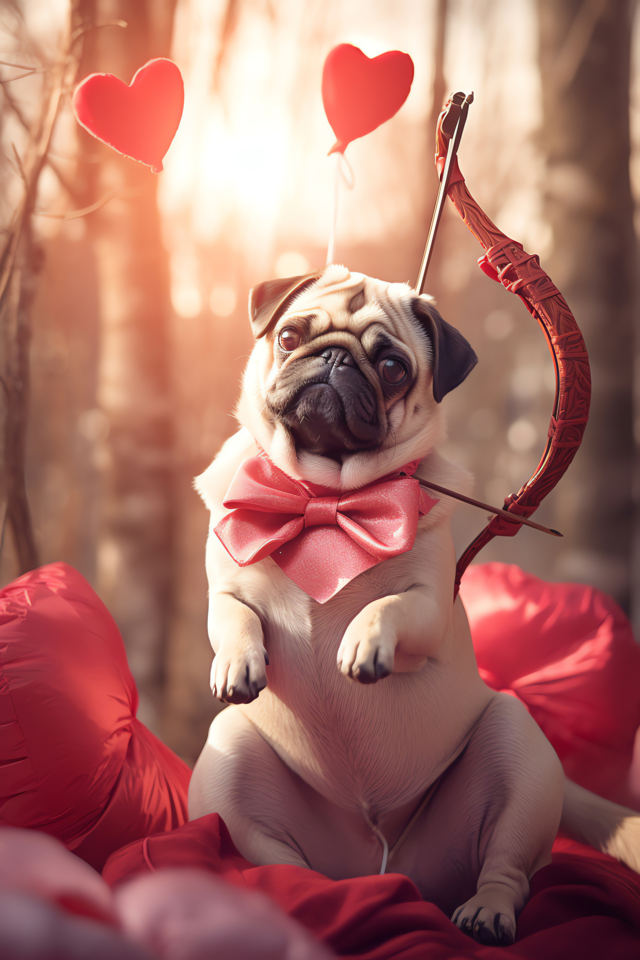 Cherubic Valentine's pug, Cupid-inspired pet, Feathered angel wings, Heartfelt canine, Loving expression, HD Phone Image