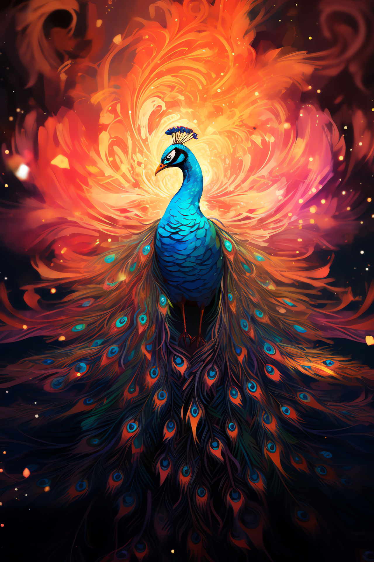 Mythical peacock, Fiery feather hues, Golden plumage glow, Phoenix-inspired bird, Fantasy environment, HD Phone Wallpaper