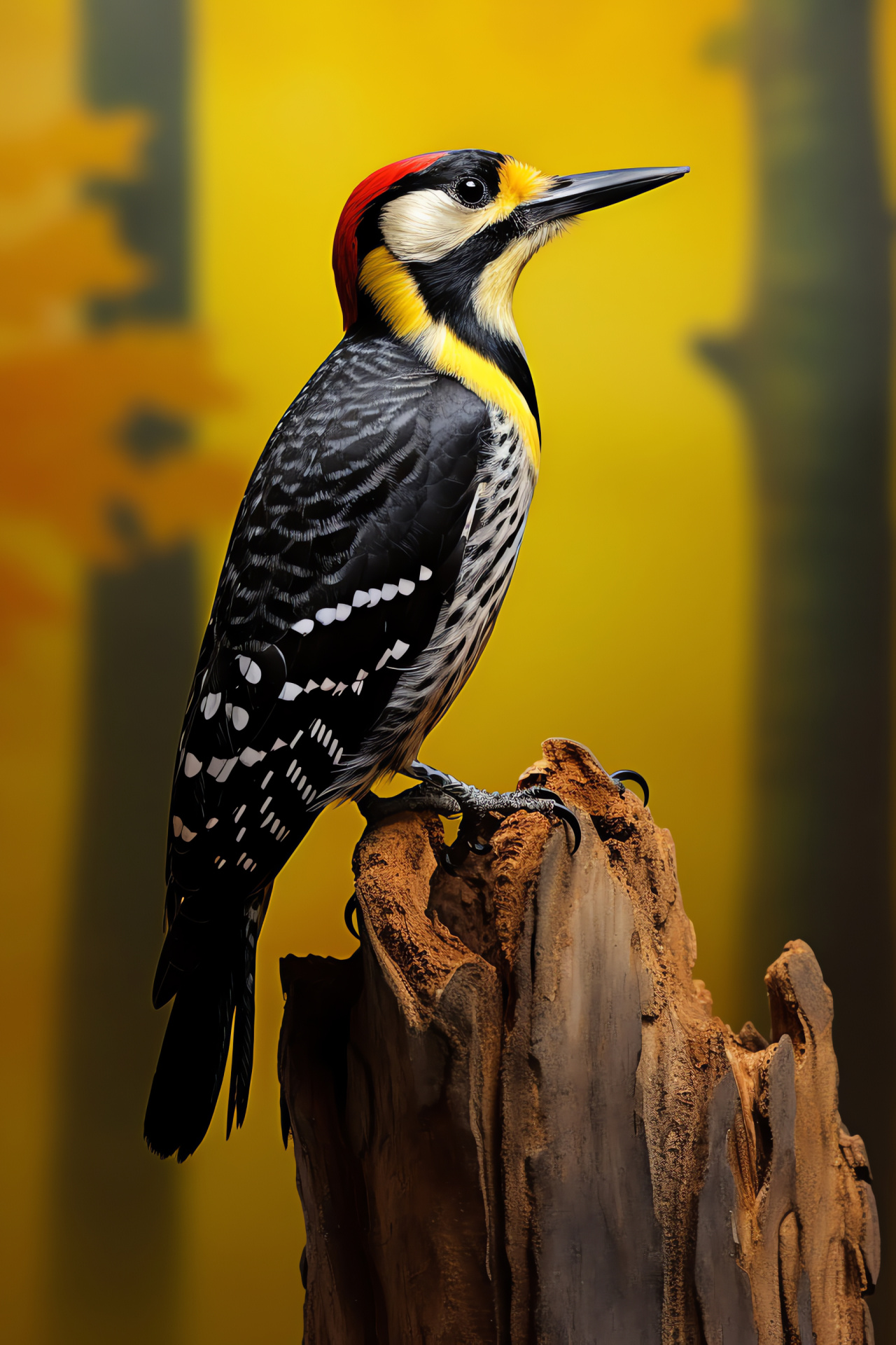 Woodpecker, yellow highlights, bicolored canvas, environmental dynamics, unique bird persona, HD Phone Wallpaper