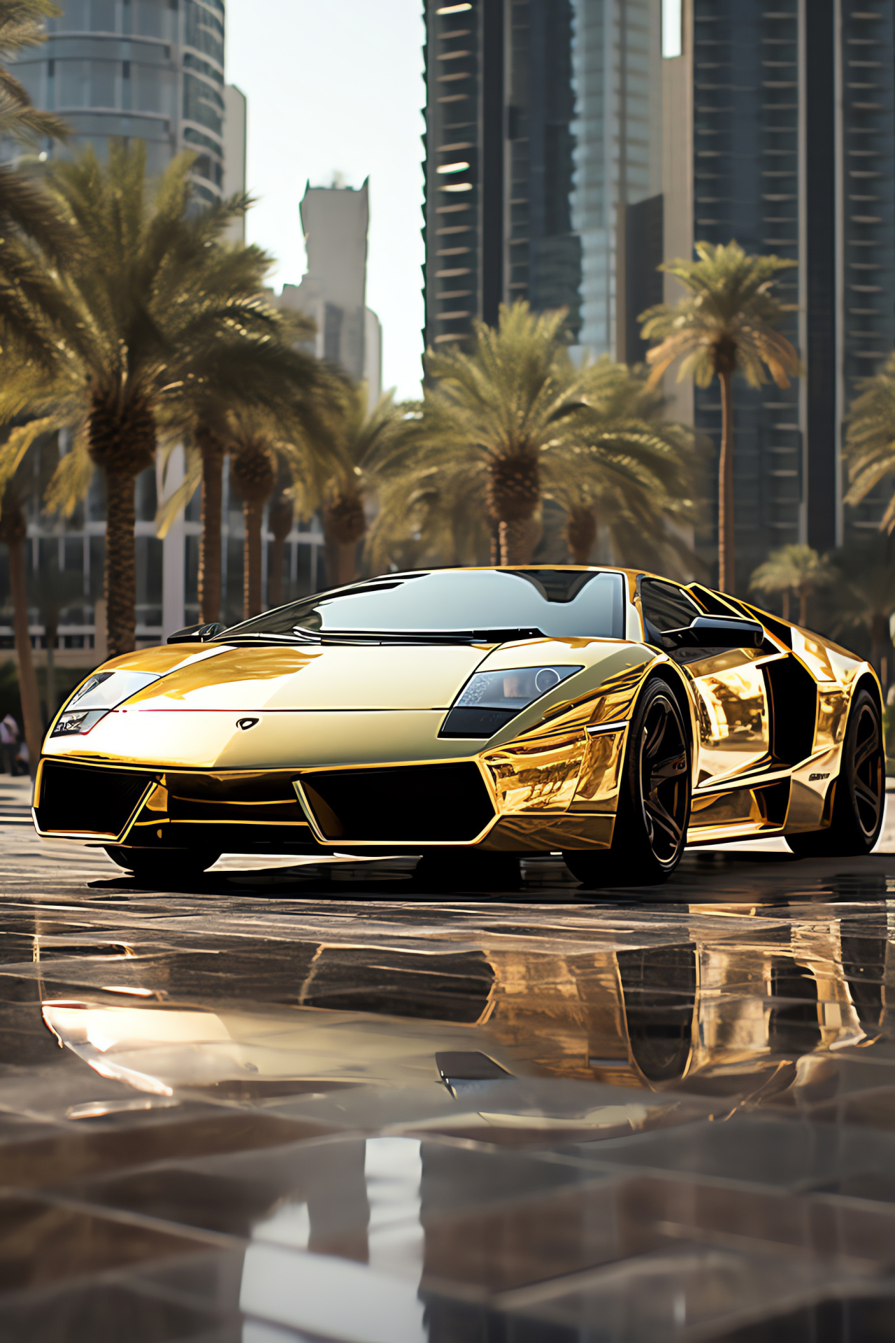 Lamborghini Murcielago Dubai Edition, Luxury golden supercar, UAE exclusive model, Dubai skyline, Architectural landmark, HD Phone Image