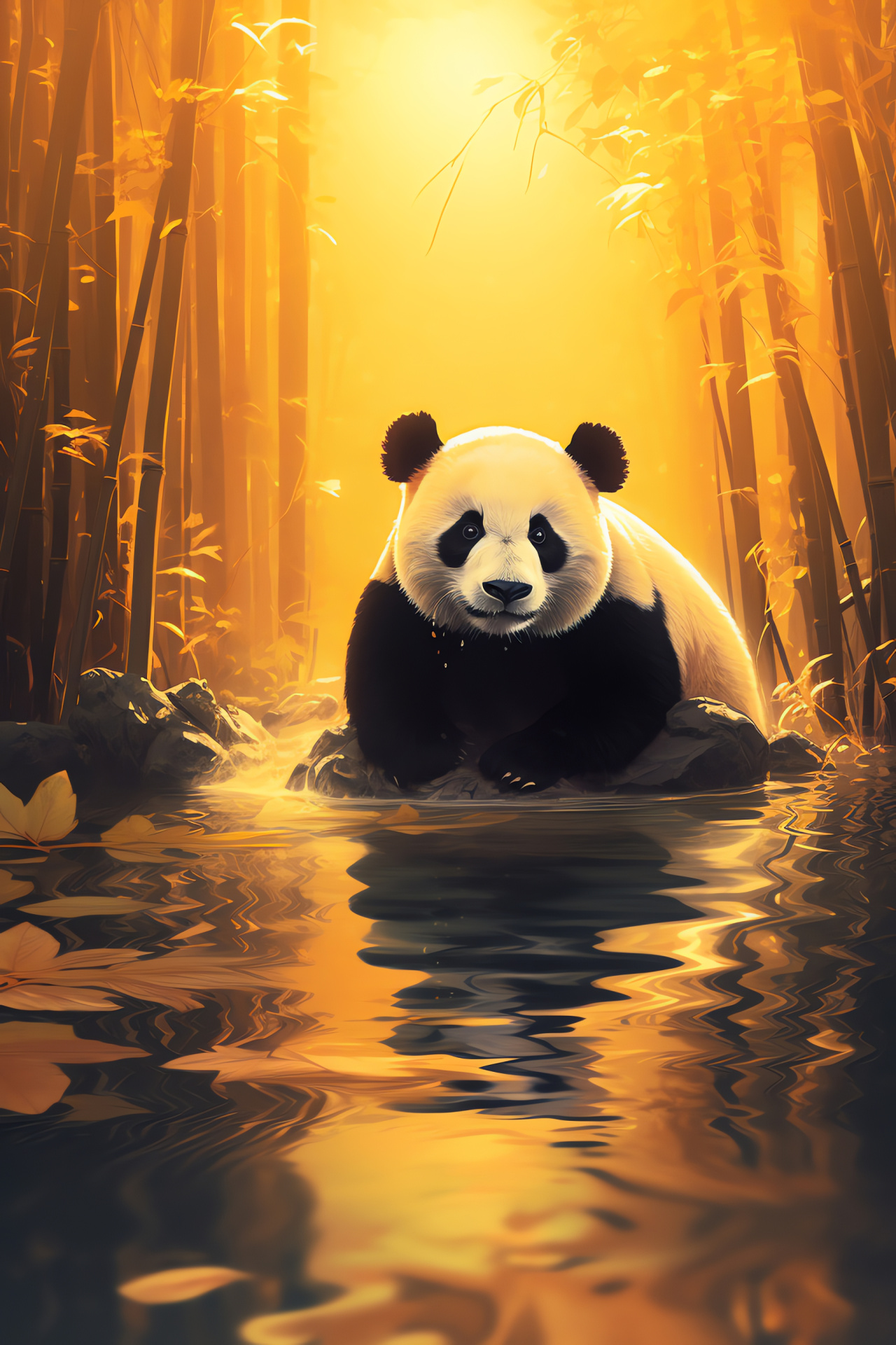 Panda, brown eyes, dusk ambiance, water landscape, forest tranquility, HD Phone Image