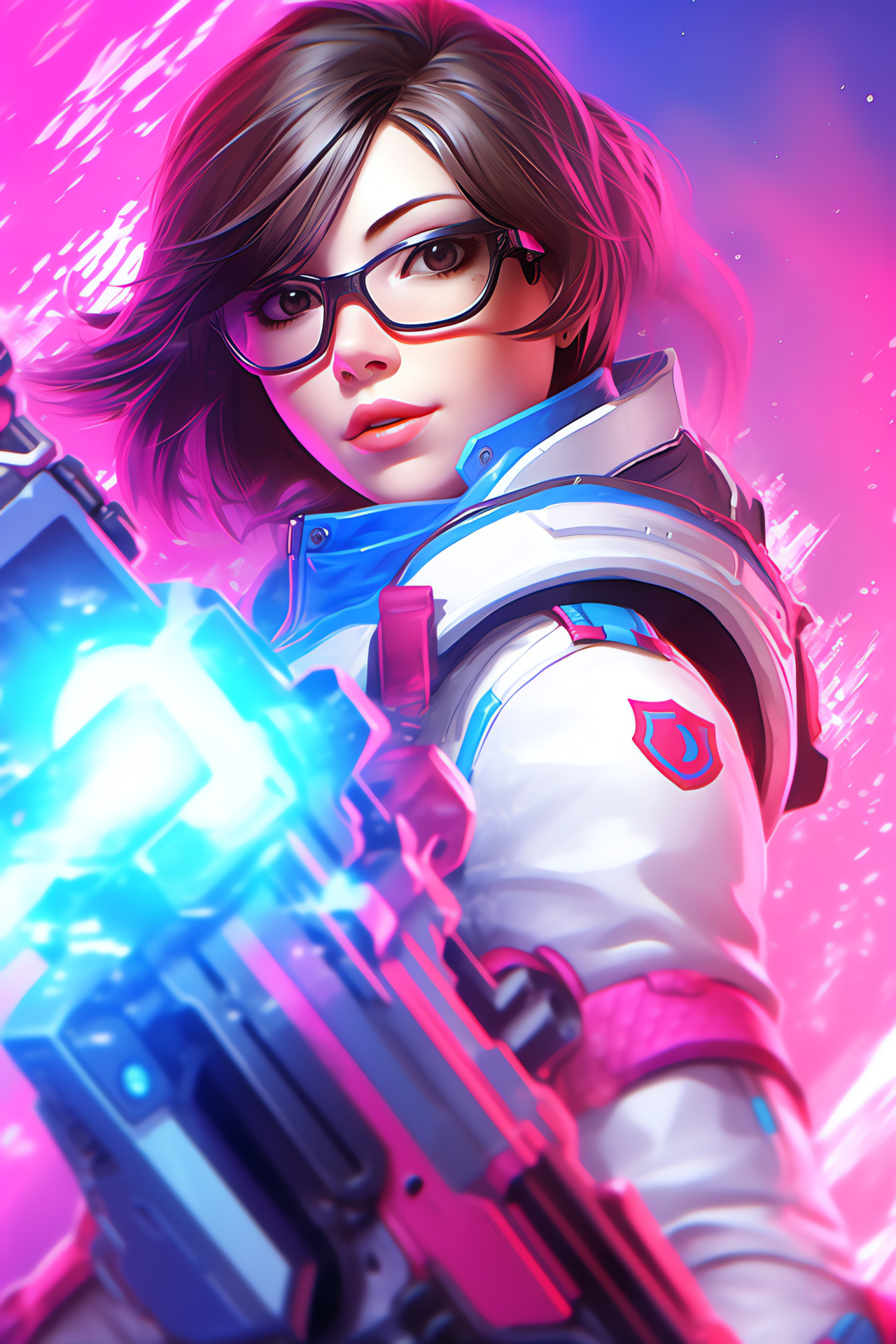 Overwatch Mei illustration, Vivid three-tone setting, Distinct pink and blue hues, Overwatch Artwork, Bright neon style, HD Phone Image