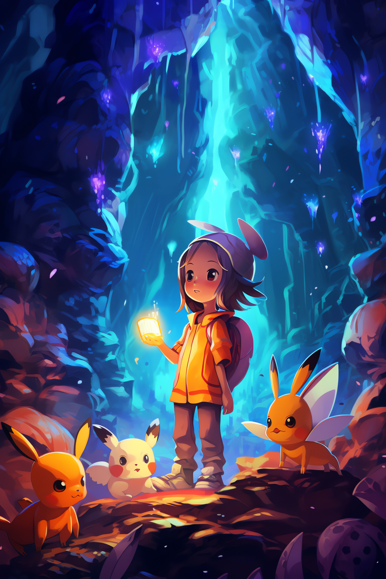 Pokemon White exploration, Chargestone Cave setting, Trainer with Emolga, Crystalline environment, Voltage encounter, HD Phone Image