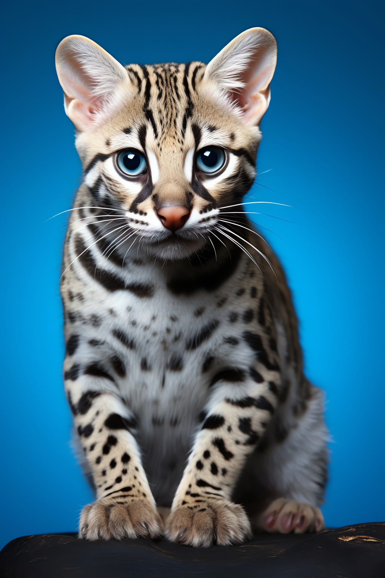 Sleek Ocelot, Bright blue-eyed cat, Wild silver-gray mammal, Natural habitat exploration, Bi-color environmental contrast, HD Phone Image