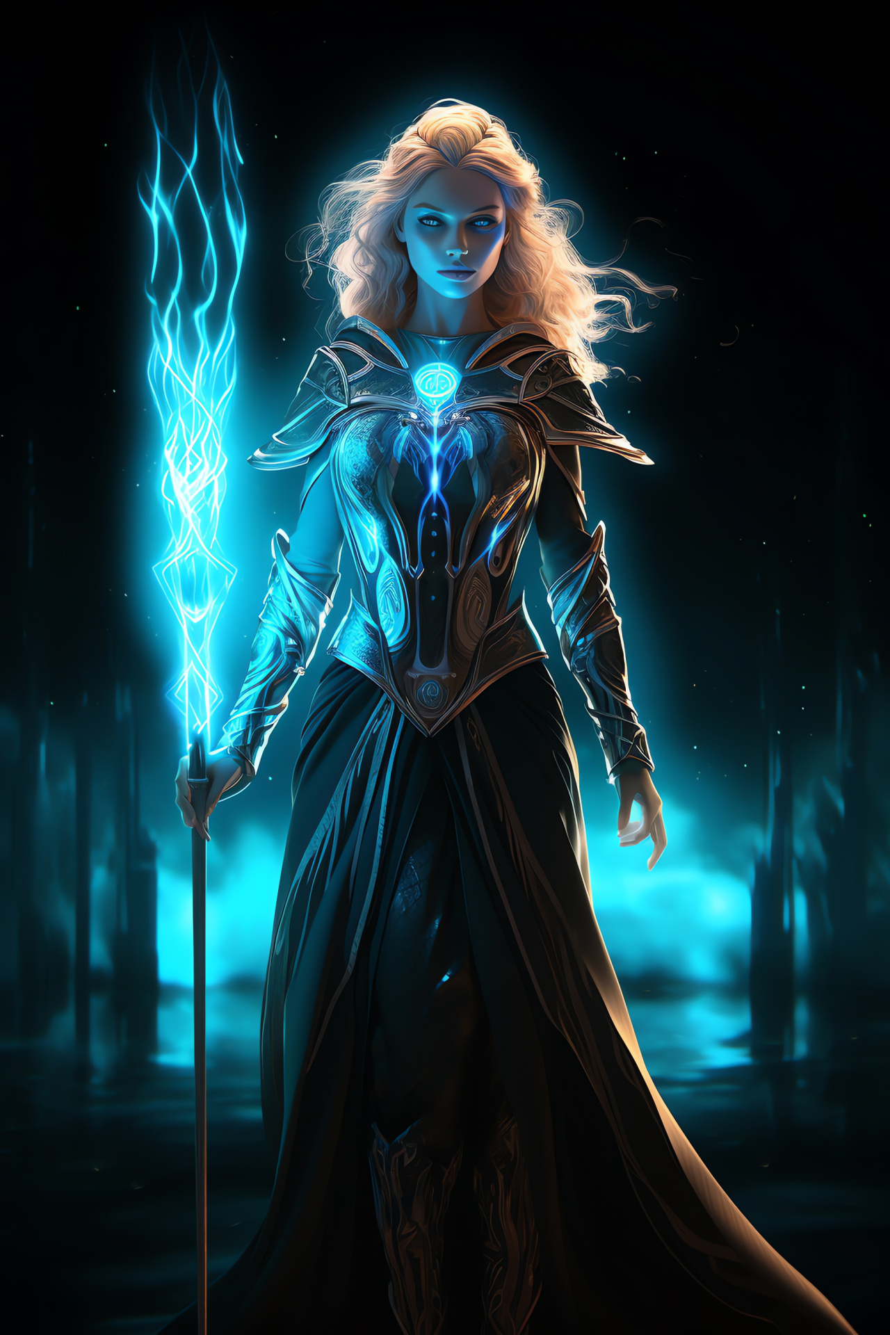 Pantheon Freya, Norse goddess deity, Ocean-hued eyes, Mystic staff, Enchanted runes, HD Phone Image