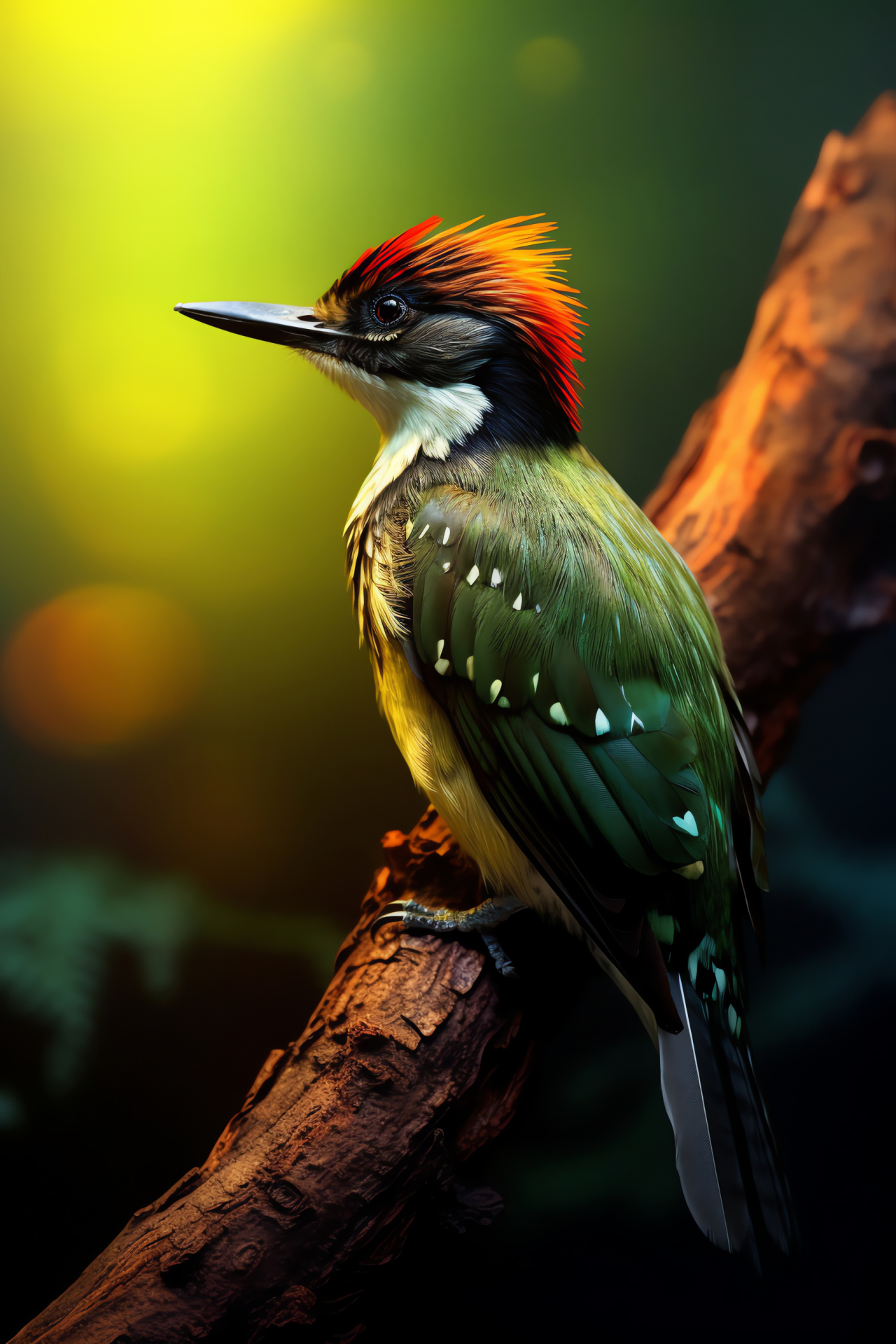 Verdant Picidae bird, green and umber speckled coat, luminous line setting, alluring woodpecker realm, plumage vibrancy, HD Phone Wallpaper